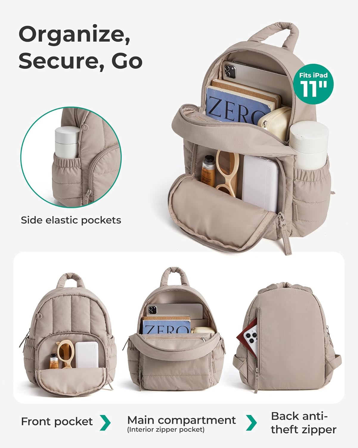 Mini Backpack for Women, Lightweight Puffer Small Backpack Purse, Quilted Casual Travel Daypack, Cute Water-Resistant Bookbag for Daily, Brown - Image 3
