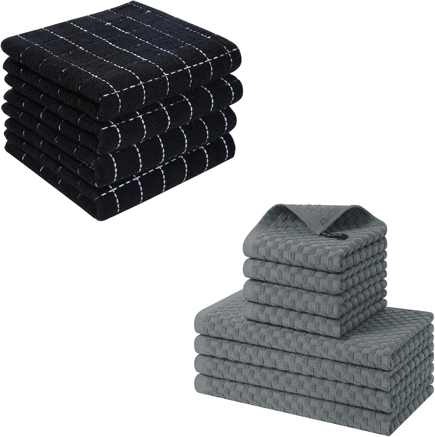 Homaxy 100% Cotton Terry Kitchen Towels(Black, 13 x 28 inches), Soft and Super Absorbent Dish Towels and Kitchen Towels and Dishcloths Set(12 x 12 & 15 x 25 Inches, Set of 8 Bulk) - Image 1