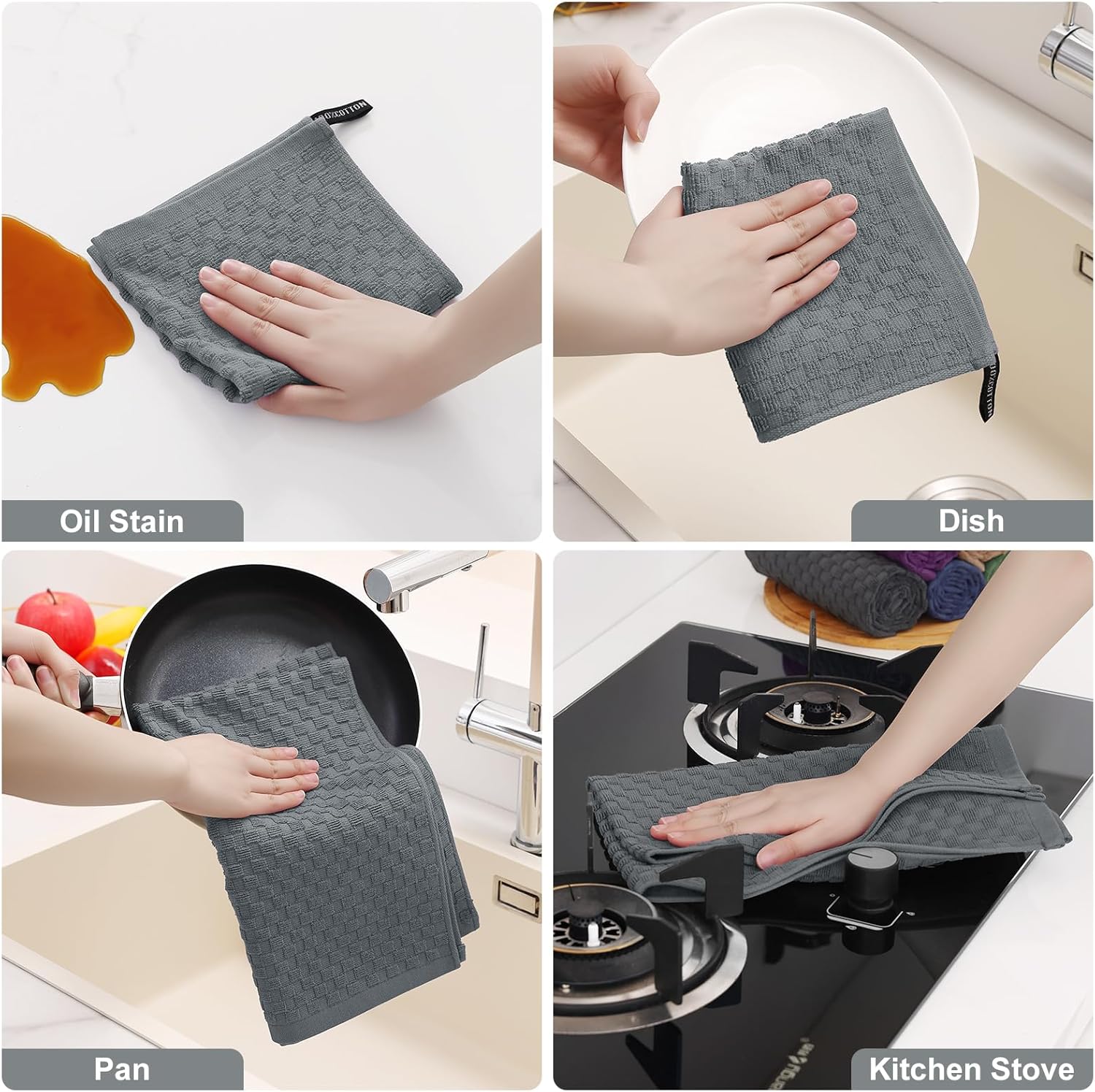 Homaxy 100% Cotton Terry Kitchen Towels(Black, 13 x 28 inches), Soft and Super Absorbent Dish Towels and Kitchen Towels and Dishcloths Set(12 x 12 & 15 x 25 Inches, Set of 8 Bulk) - Image 7