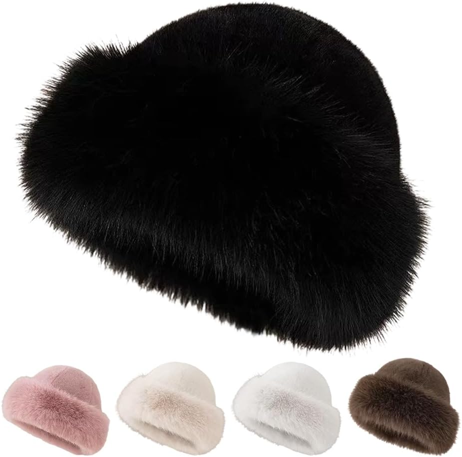 Womens Winter Faux Fur Bucket Hat, Thick Fluffy Fisherman, Winter Warmer Cap for Women - Image 1