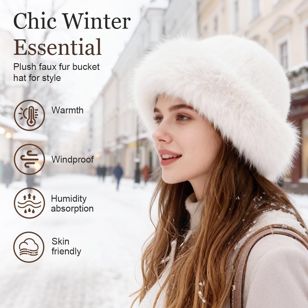 Womens Winter Faux Fur Bucket Hat, Thick Fluffy Fisherman, Winter Warmer Cap for Women - Image 2