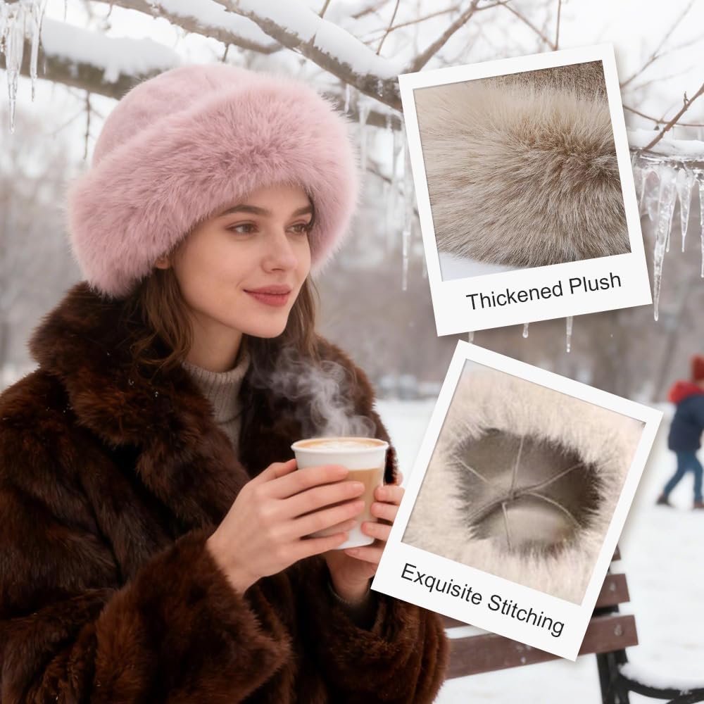Womens Winter Faux Fur Bucket Hat, Thick Fluffy Fisherman, Winter Warmer Cap for Women - Image 4