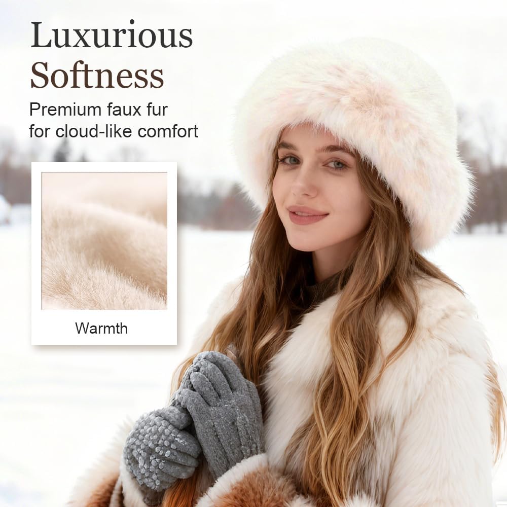 Womens Winter Faux Fur Bucket Hat, Thick Fluffy Fisherman, Winter Warmer Cap for Women - Image 5