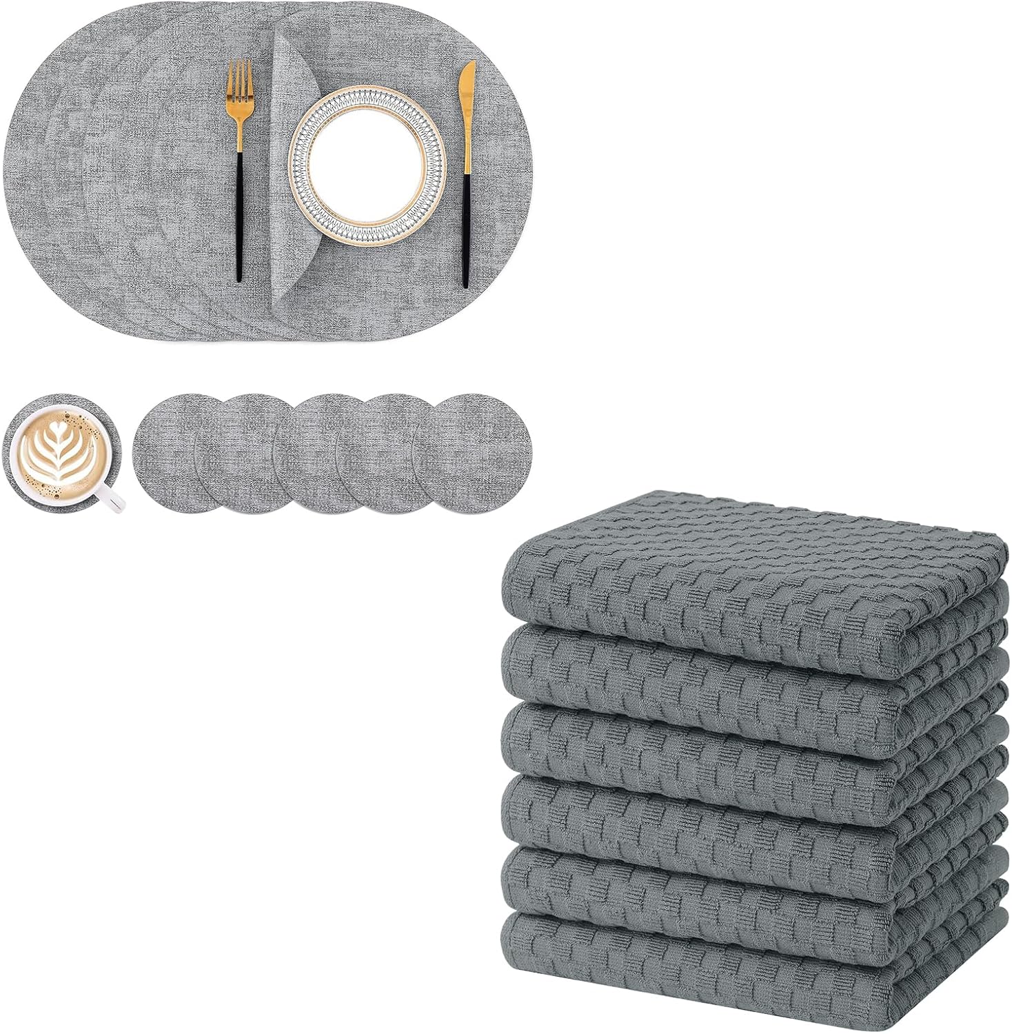 Homaxy Round Faux Leather Placemats and Coasters, Washable Dual-Side Table Mats, Wipeable Heat-Resistant Dining Place Mats and Terry Kitchen Towels(15