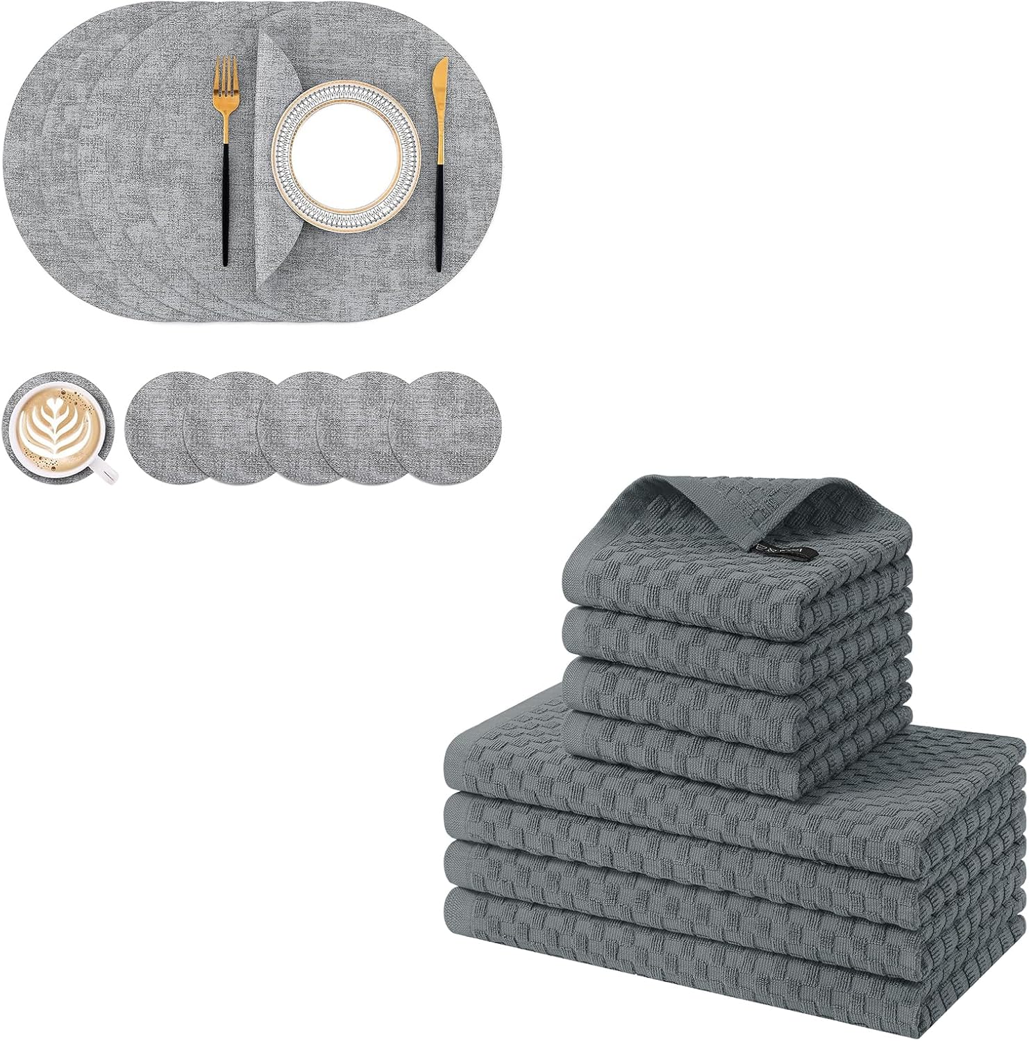 Homaxy Round Faux Leather Placemats and Coasters, Washable Dual-Side Table Mats and 100% Cotton Kitchen Towels and Dishcloths Set(12 x 12 & 15 x 25 Inches, Set of 8 Bulk) - Image 1