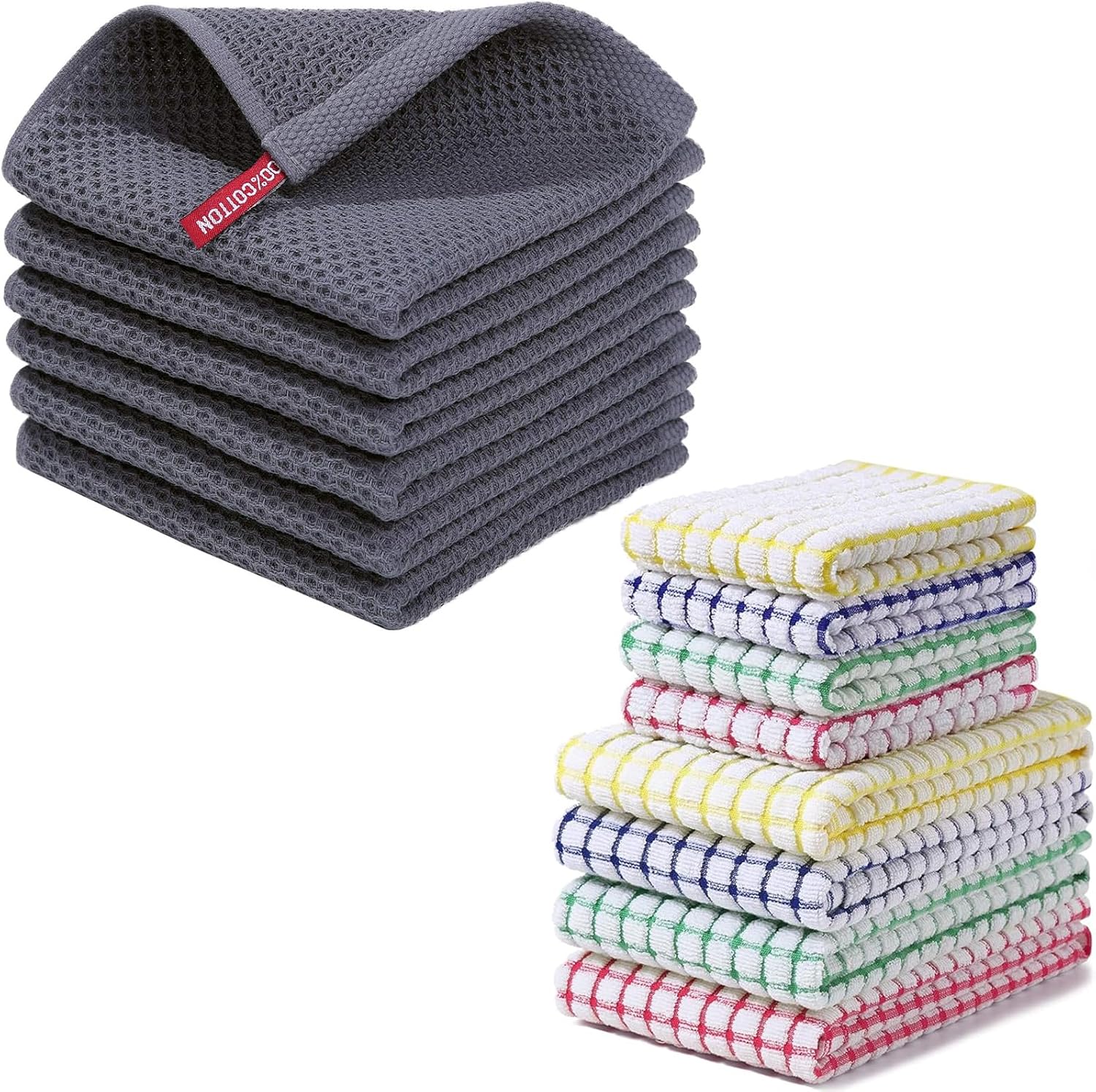 Homaxy 100% Cotton Waffle Weave Kitchen Dish Cloths (12 x 12 Inches, 6-Pack, Dark Grey), Kitchen Towels and Dishcloths Set（ 16 x 25 and 12 x 12 Inches, 8-Pack, Blue/Yellow/Red/Green） - Image 1