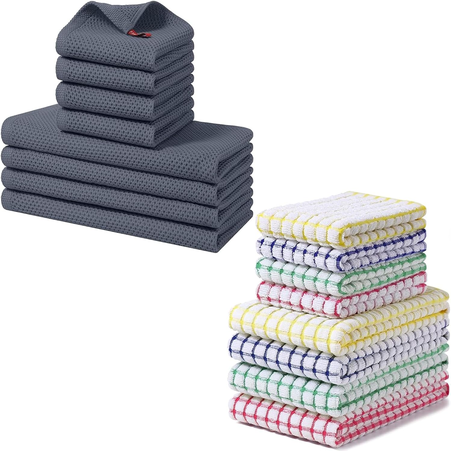 Homaxy 100% Cotton Kitchen Towels and Dishcloths Set(12 x 12 Inches and 13 x 28 Inches, 8 Pack, Dark Grey), Kitchen Towels and Dishcloths Set (16 x 25 and 12 x 12 Inches,8 Pack, Blue/Yellow/Red/Green) - Image 1