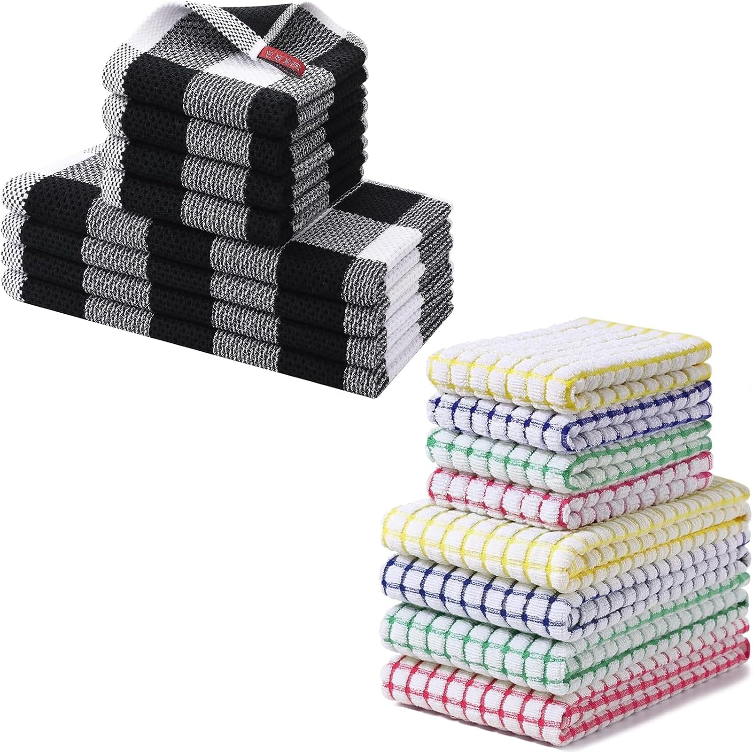 Homaxy Kitchen Towels and Dishcloths Set (12 x 12 and 13 x 28 Inches, 6 Pack, White & Black), Kitchen Towels and Dishcloths Set (16 x 25 and 12 x 12 Inches, 8 Pack, Blue/Yellow/Red/Green) - Image 1