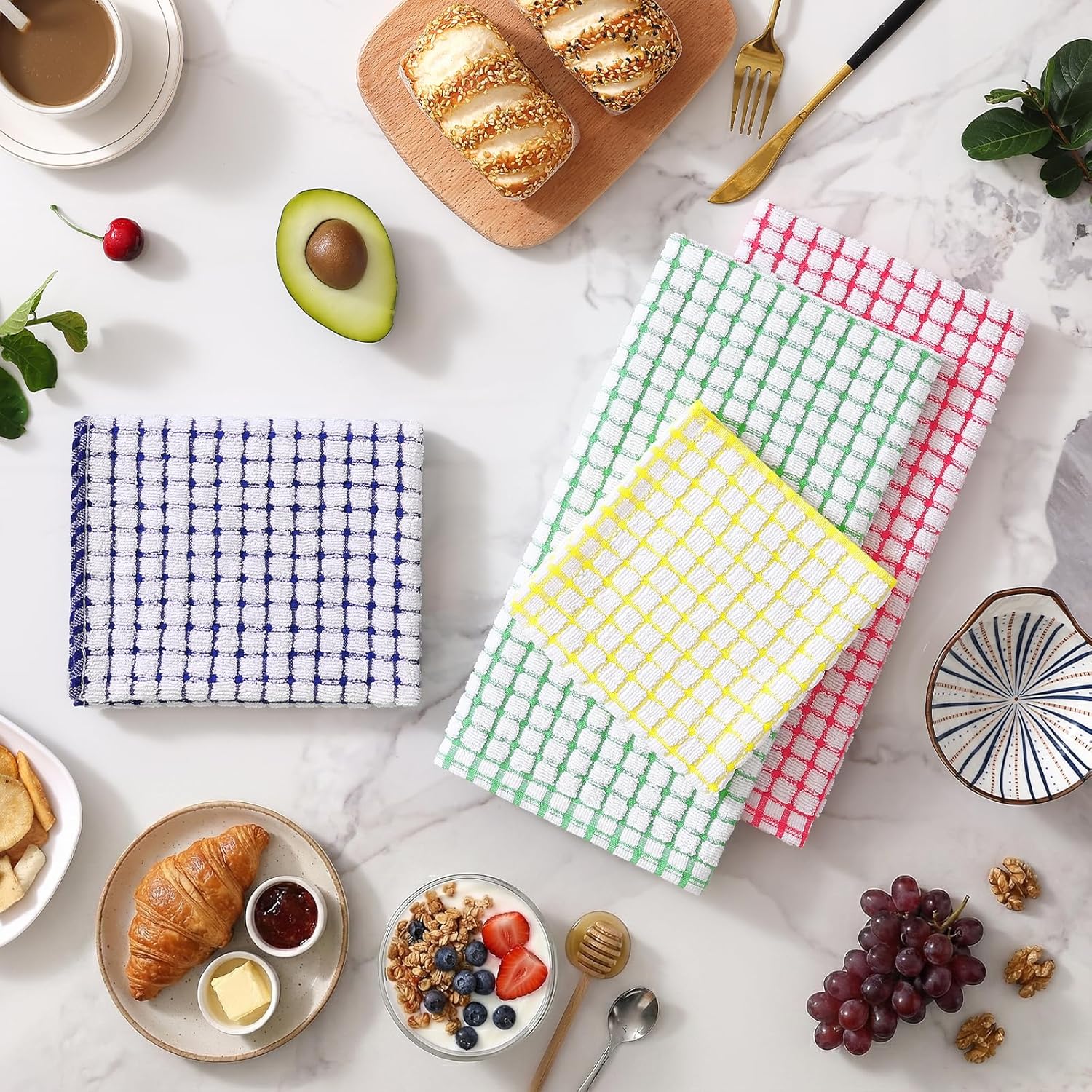 Homaxy Kitchen Towels and Dishcloths Set (12 x 12 and 13 x 28 Inches, 6 Pack, White & Black), Kitchen Towels and Dishcloths Set (16 x 25 and 12 x 12 Inches, 8 Pack, Blue/Yellow/Red/Green) - Image 2