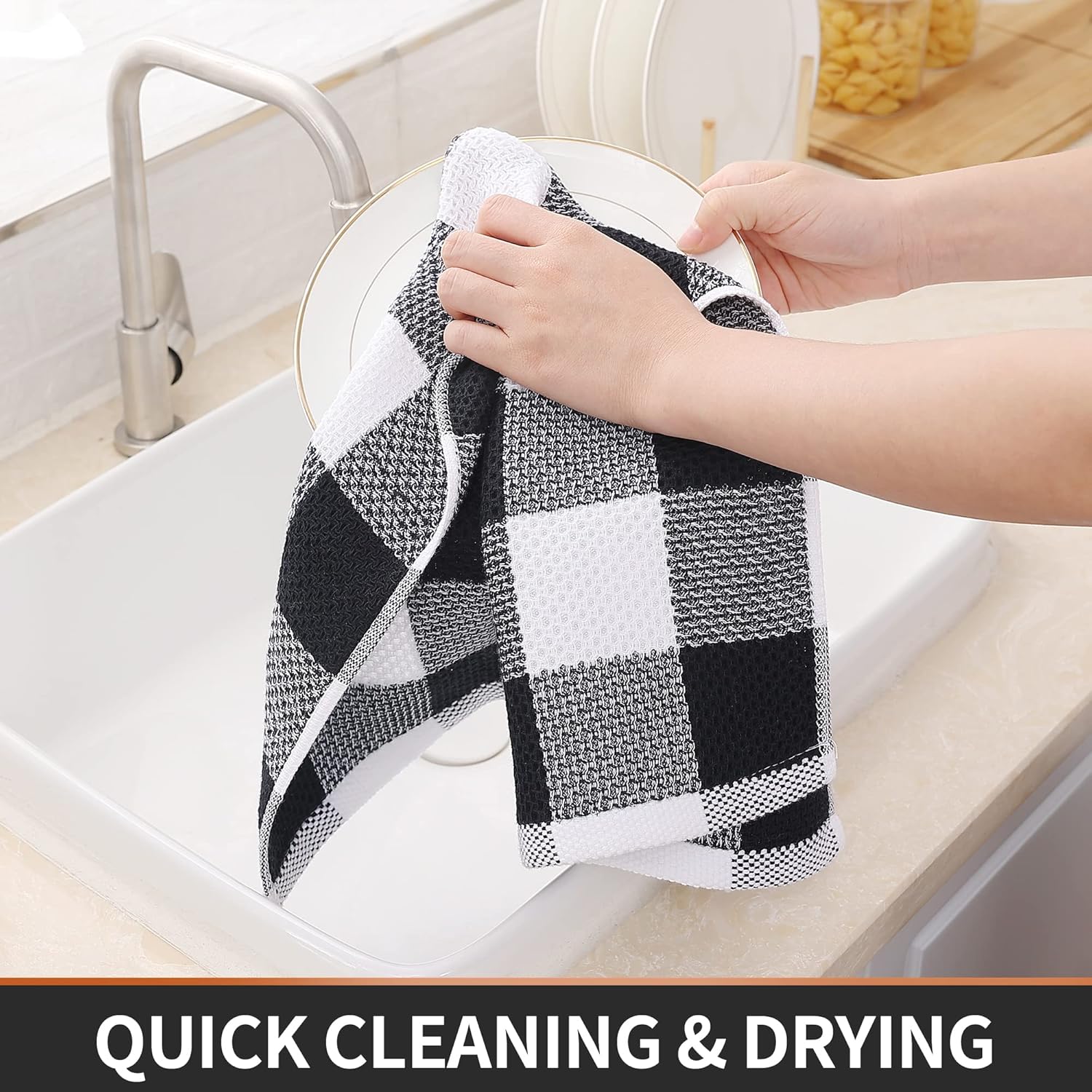 Homaxy Kitchen Towels and Dishcloths Set (12 x 12 and 13 x 28 Inches, 6 Pack, White & Black), Kitchen Towels and Dishcloths Set (16 x 25 and 12 x 12 Inches, 8 Pack, Blue/Yellow/Red/Green) - Image 5
