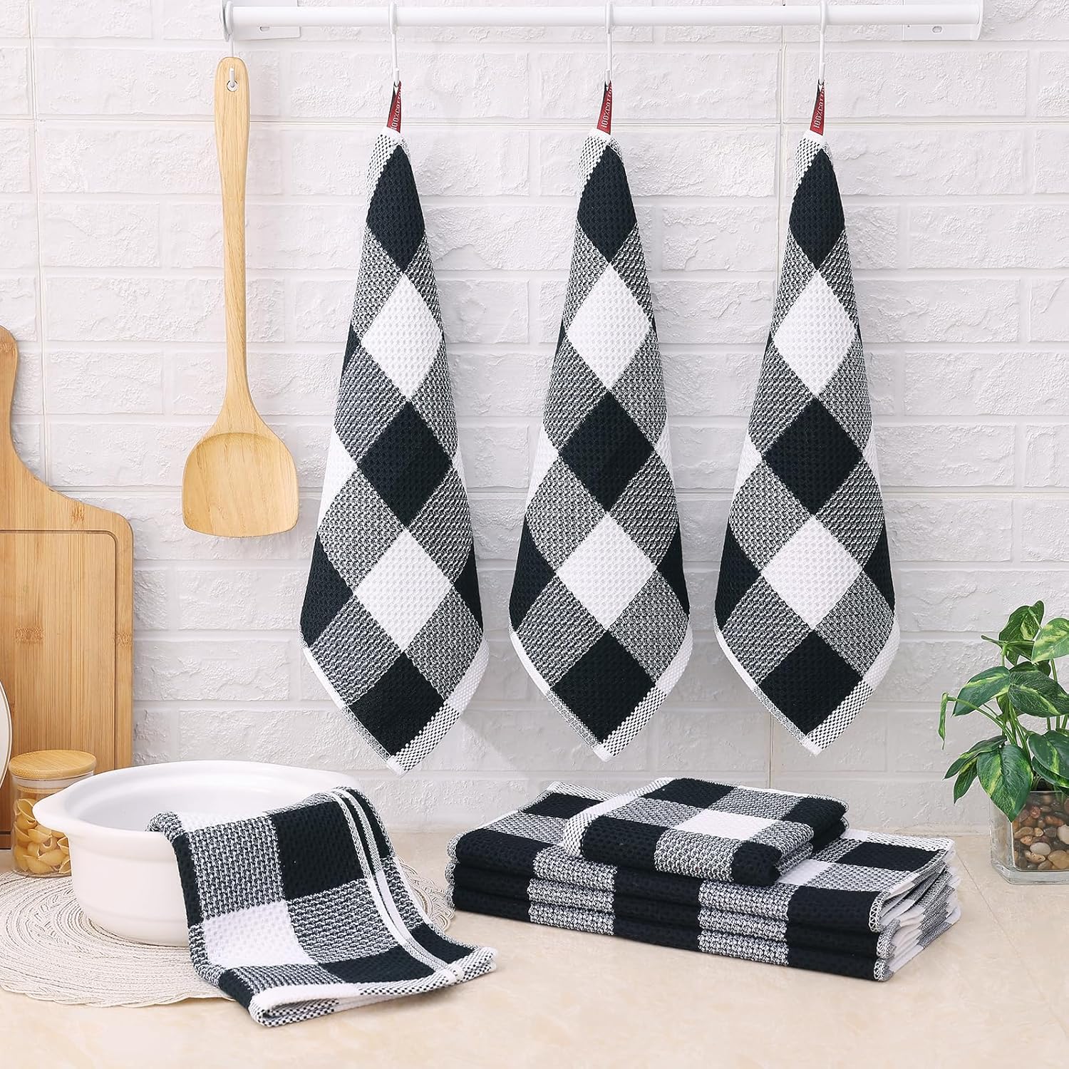 Homaxy Kitchen Towels and Dishcloths Set (12 x 12 and 13 x 28 Inches, 6 Pack, White & Black), Kitchen Towels and Dishcloths Set (16 x 25 and 12 x 12 Inches, 8 Pack, Blue/Yellow/Red/Green) - Image 7