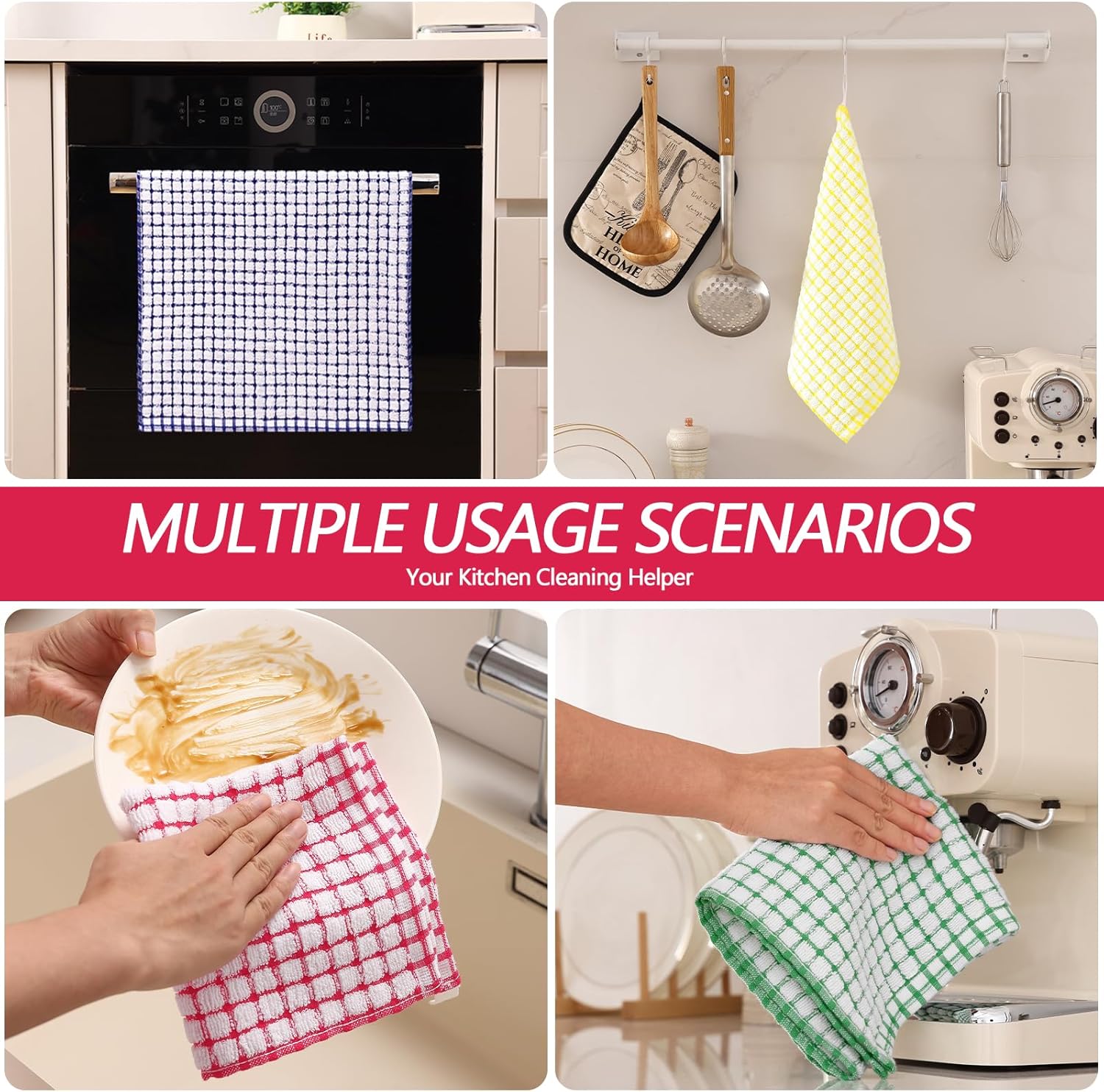 Homaxy Kitchen Towels and Dishcloths Set (12 x 12 and 13 x 28 Inches, 6 Pack, White & Black), Kitchen Towels and Dishcloths Set (16 x 25 and 12 x 12 Inches, 8 Pack, Blue/Yellow/Red/Green) - Image 8