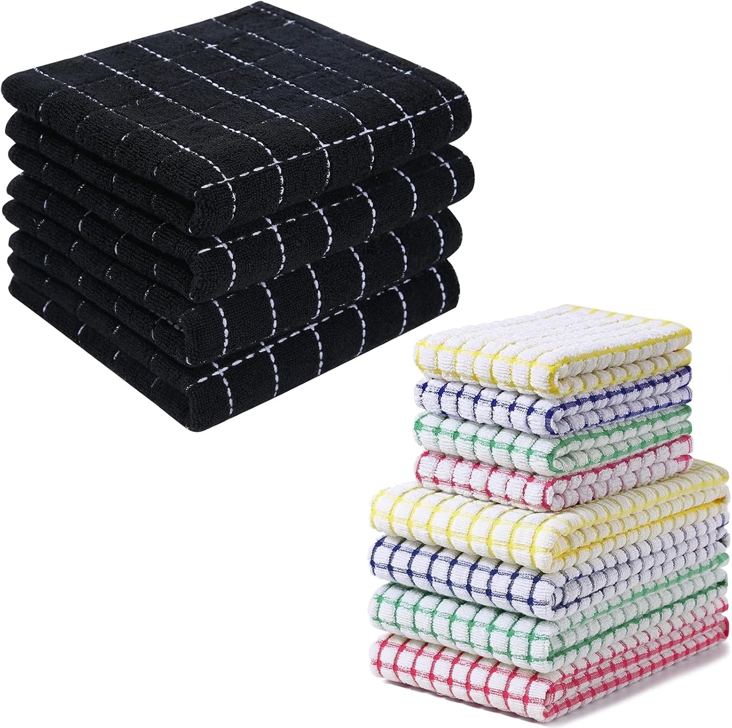 Homaxy 100% Cotton Terry Kitchen Towels(13 x 28 inches, 4 Pack, Black), Kitchen Towels and Dishcloths Set (16 x 25 and 12 x 12 Inches, 8 Pack, Blue/Yellow/Red/Green) - Image 1
