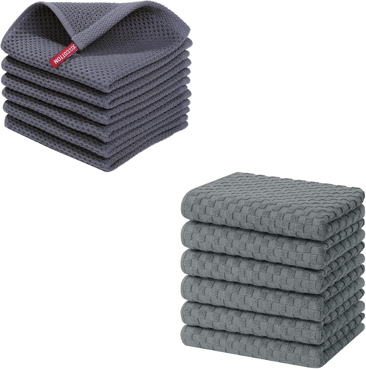 Homaxy 100% Cotton Waffle Weave Kitchen Dish Cloths(12 x 12 Inches, 6-Pack, Dark Grey), Ultra Soft Absorbent Quick Drying Dish Towels and Terry Kitchen Towels(15