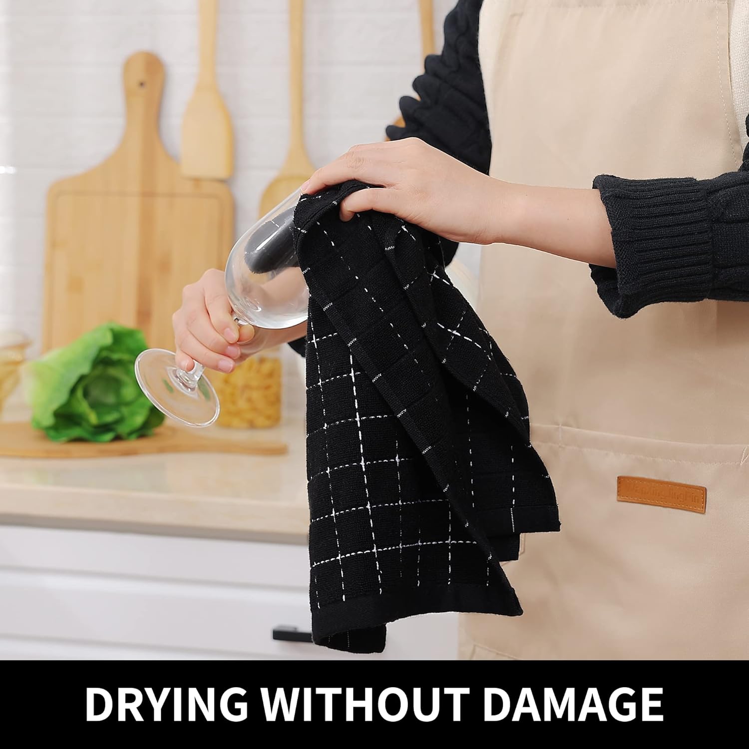 Homaxy 100% Cotton Terry Kitchen Towels(Black, 13 x 28 inches, 4 Pack), Checkered Designed, Soft and Super Absorbent Dish Towels and Terry Kitchen Towels(15