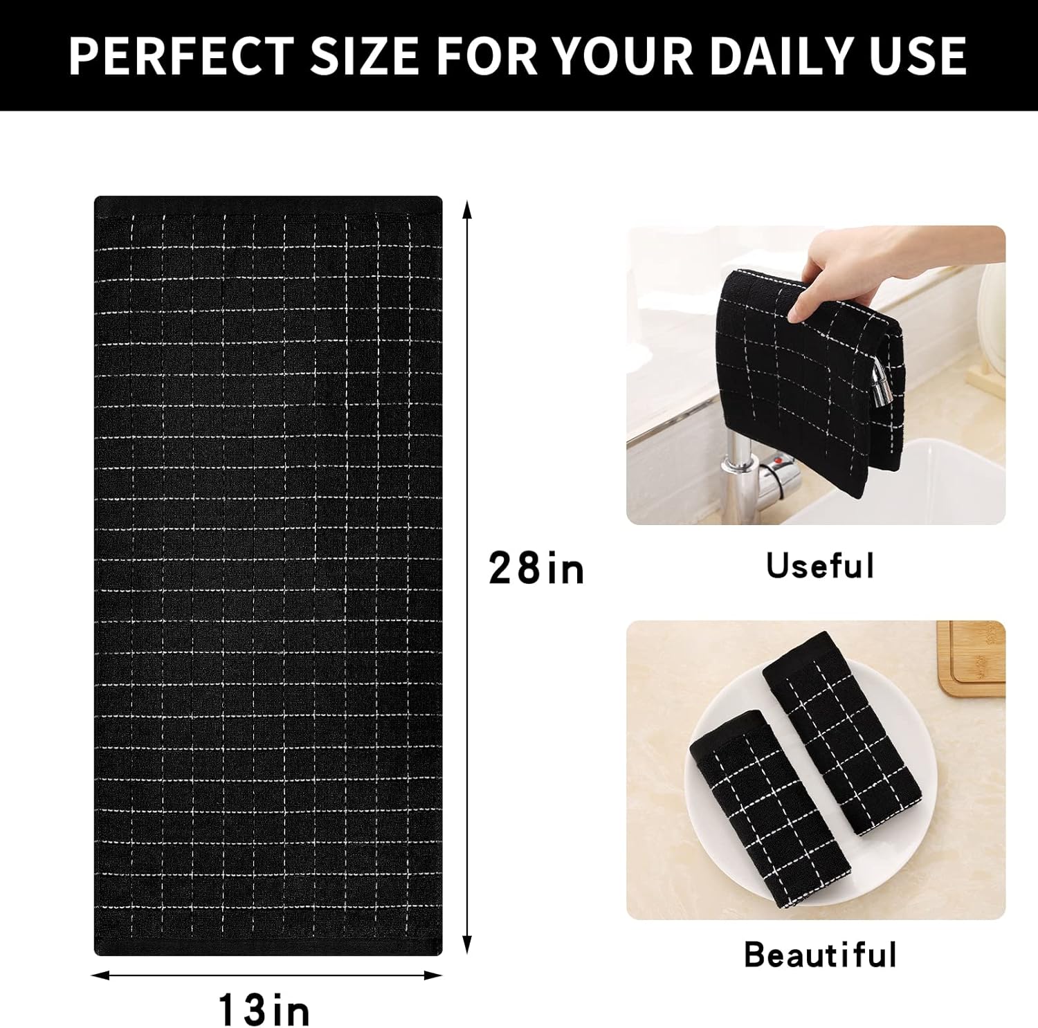 Homaxy 100% Cotton Terry Kitchen Towels(Black, 13 x 28 inches, 4 Pack), Checkered Designed, Soft and Super Absorbent Dish Towels and Terry Kitchen Towels(15