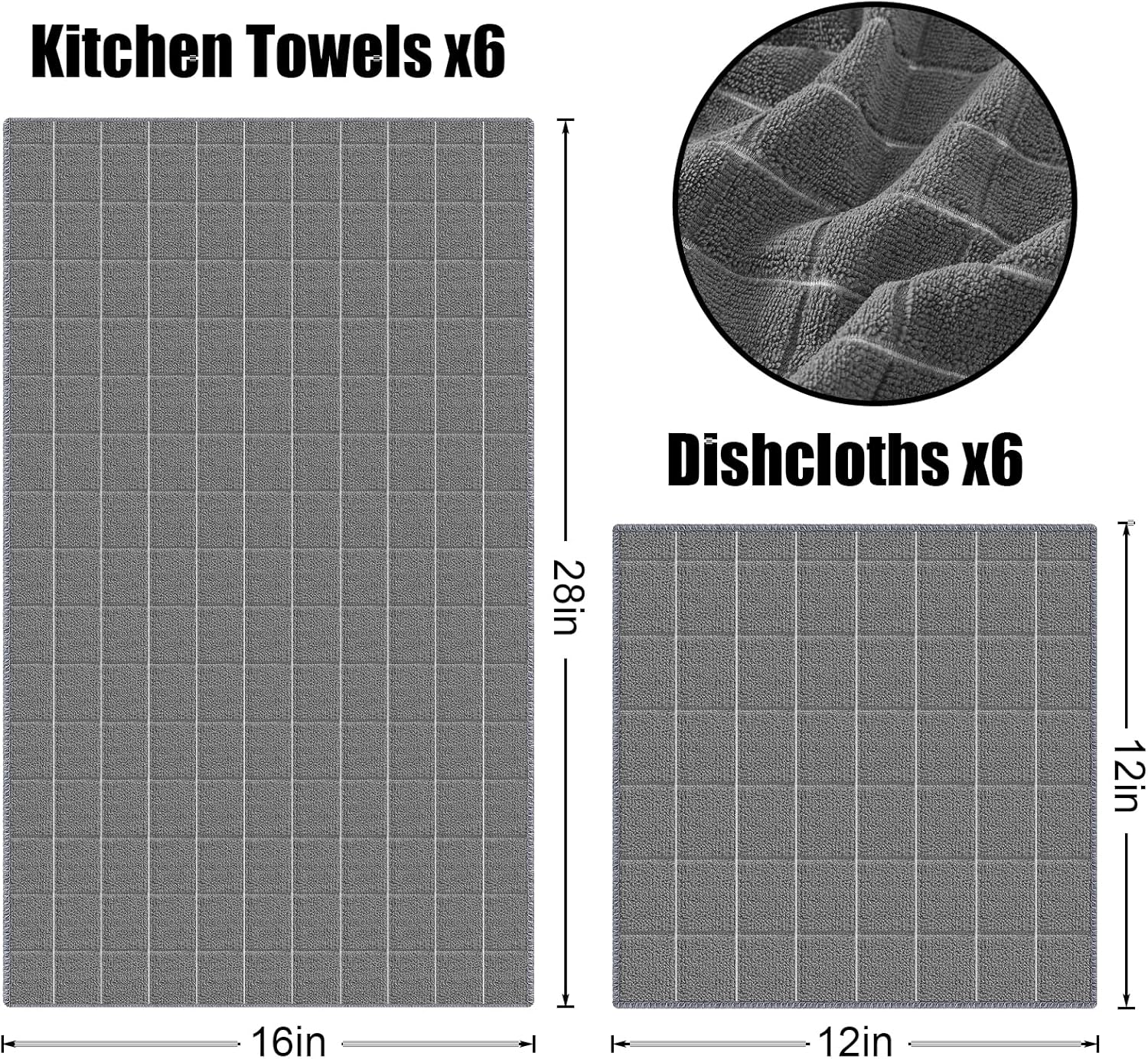 Homaxy Microfiber Kitchen Towels and Dishcloths Set, 12 Pack Soft and Absorbent Dish Hand Towels Bulk, 28 x 16 Inch & 12 x 12 Inch and Terry Kitchen Towels(15