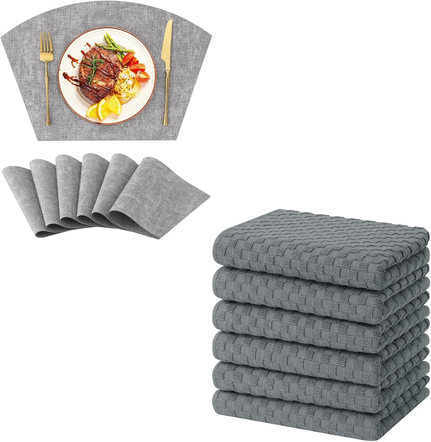 Homaxy Round Table Placemats Set of 6, Washable Wedge Shaped Faux Leather Table Mats and Terry Kitchen Towels(15