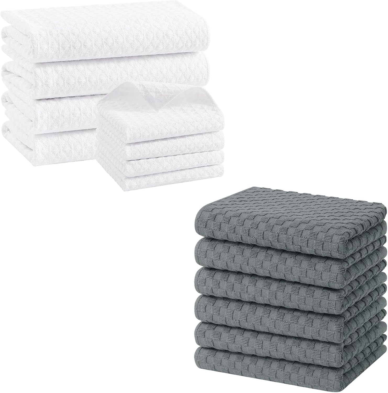 Homaxy Microfiber Waffle Weave Kitchen Towels Set(16 x 28 Inches and 12 X 12 Inches, 8 Pack, White) and Terry Kitchen Towels(15