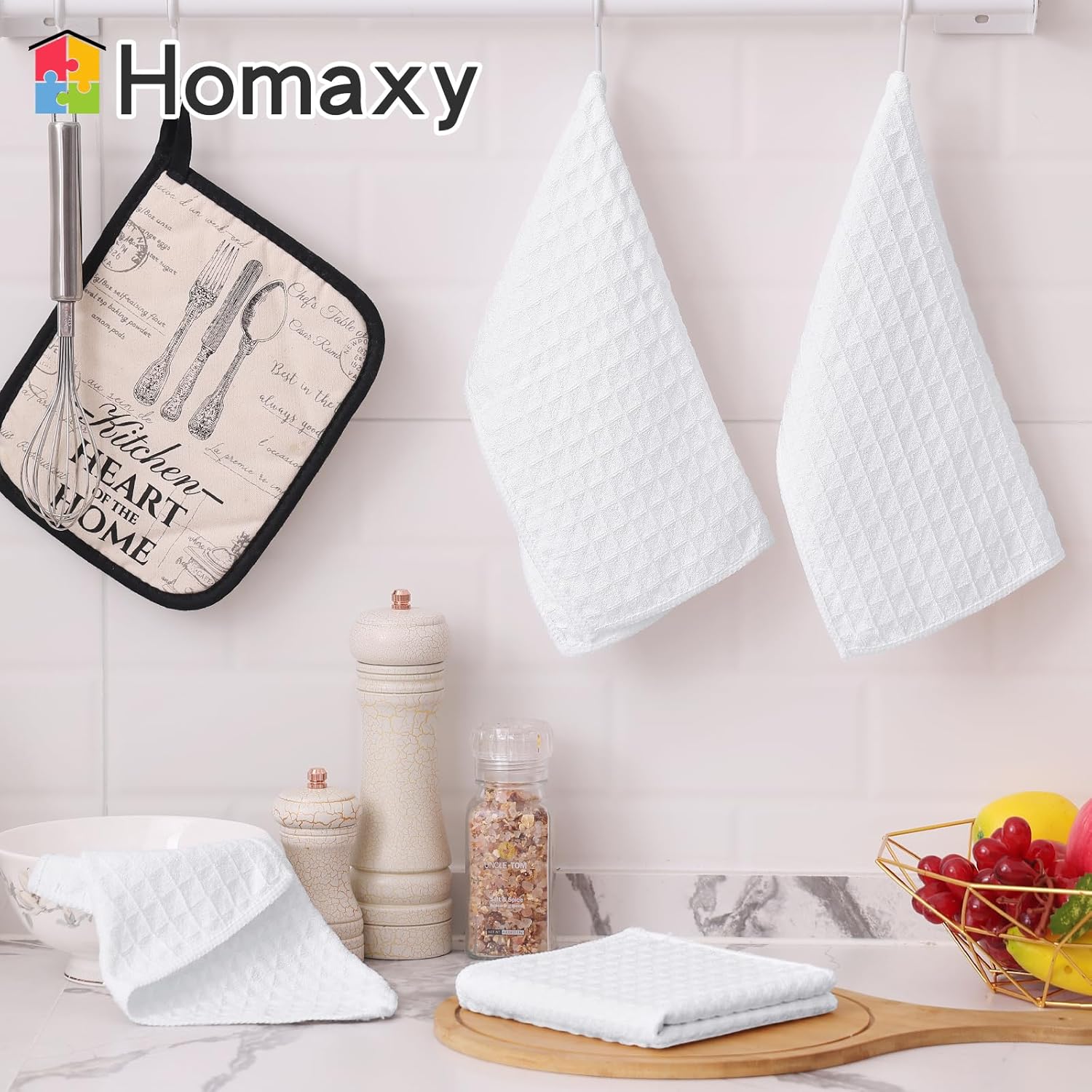 Homaxy Microfiber Waffle Weave Kitchen Towels Set(16 x 28 Inches and 12 X 12 Inches, 8 Pack, White) and Terry Kitchen Towels(15