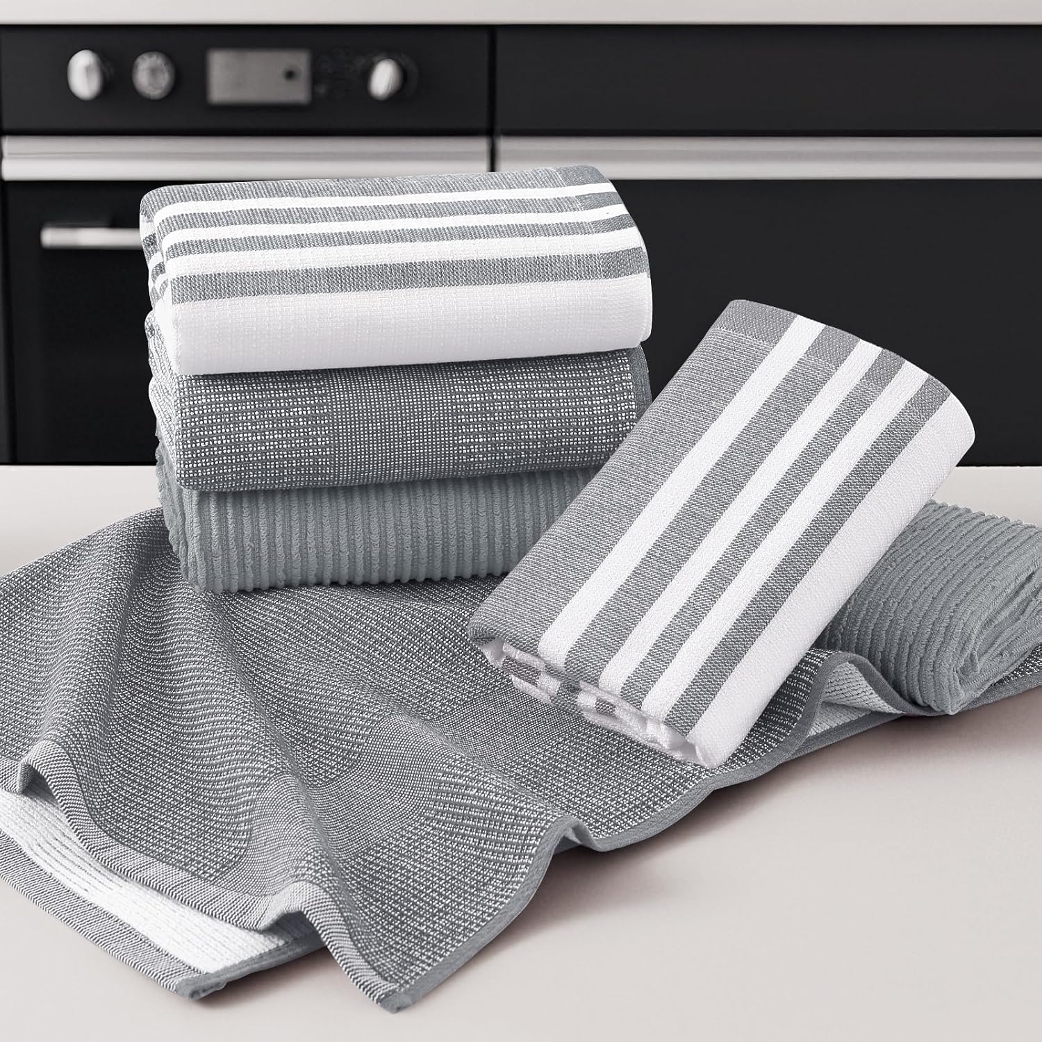 Homaxy Premium Kitchen Towels(18”x 28”, 6 Pack, Grey) and Terry Kitchen Towels(15