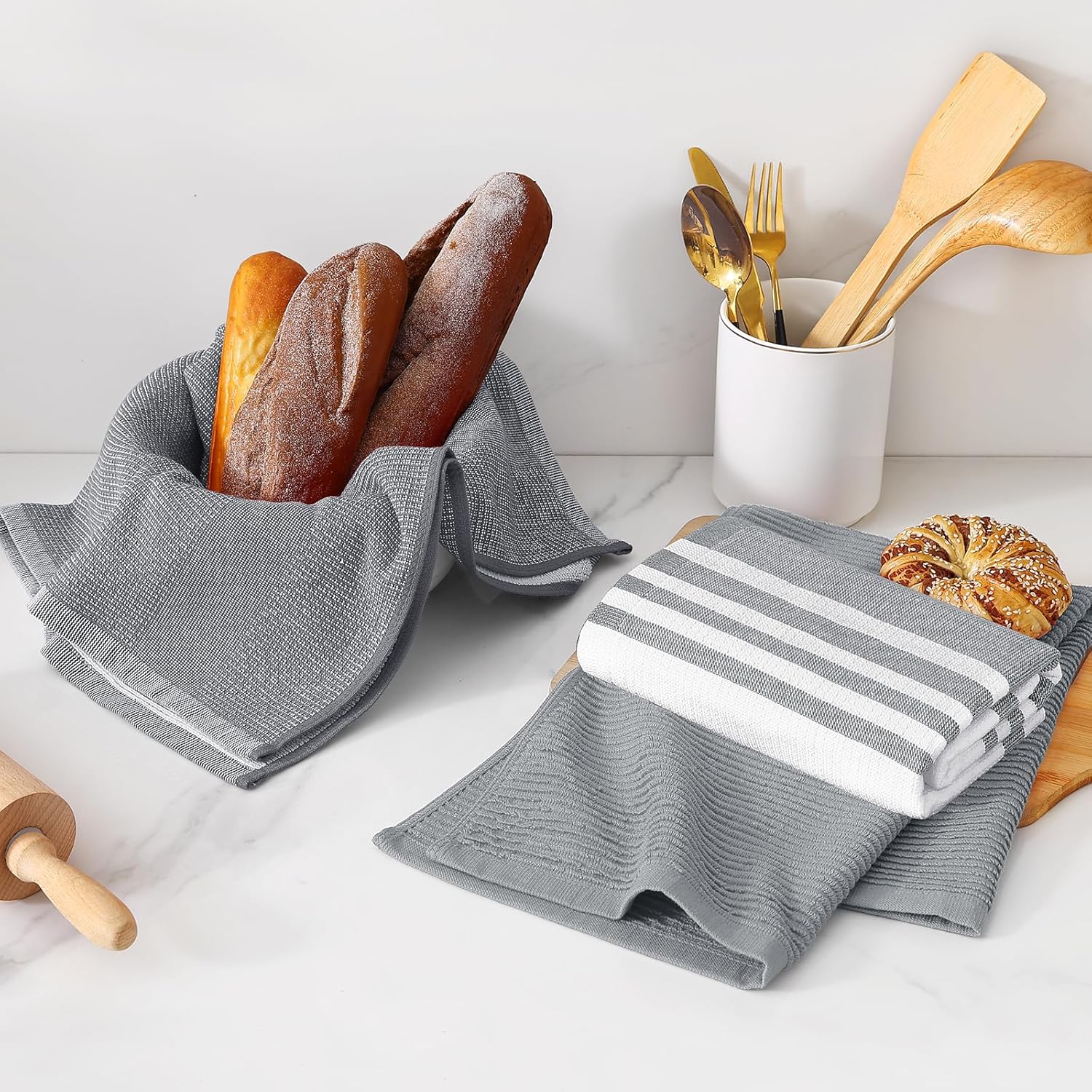 Homaxy Premium Kitchen Towels(18”x 28”, 6 Pack, Grey) and Terry Kitchen Towels(15