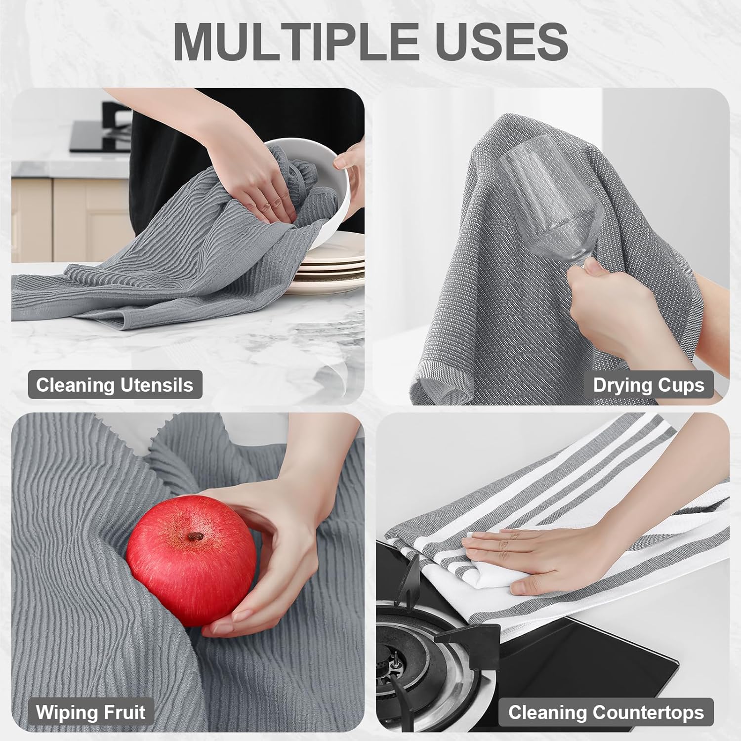 Homaxy Dishcloths Set, 12 x 12 and 13 x 28 Inches, Set of 8 Bulk Cotton Terry Kitchen Towels Set, Black and Premium Kitchen Towels(18”x 28”, 6 Pack), Grey - Image 7