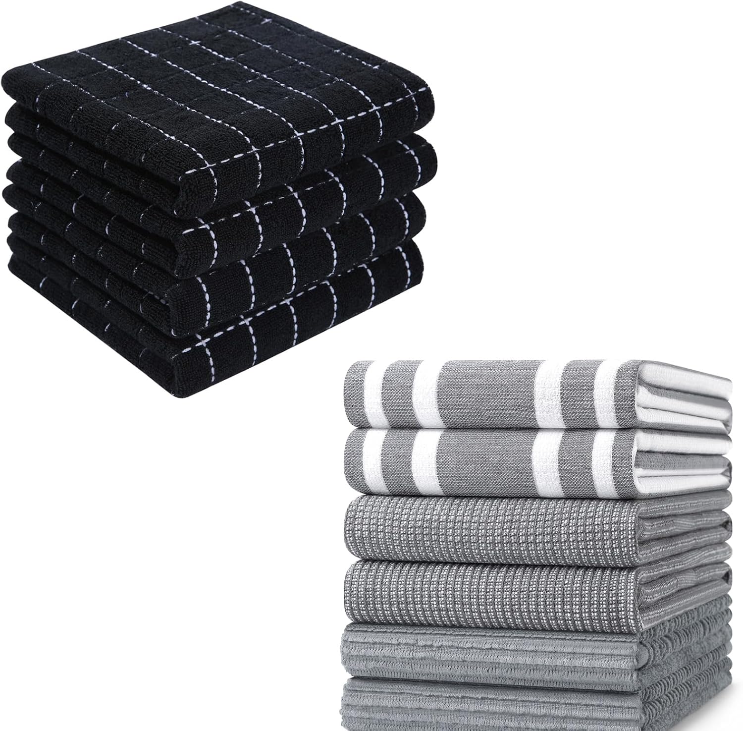 Homaxy 100% Cotton Terry Kitchen Towels(Black, 13 x 28 inches), 4 Pack and Premium Kitchen Towels(18”x 28”, 6 Pack), Grey - Image 1
