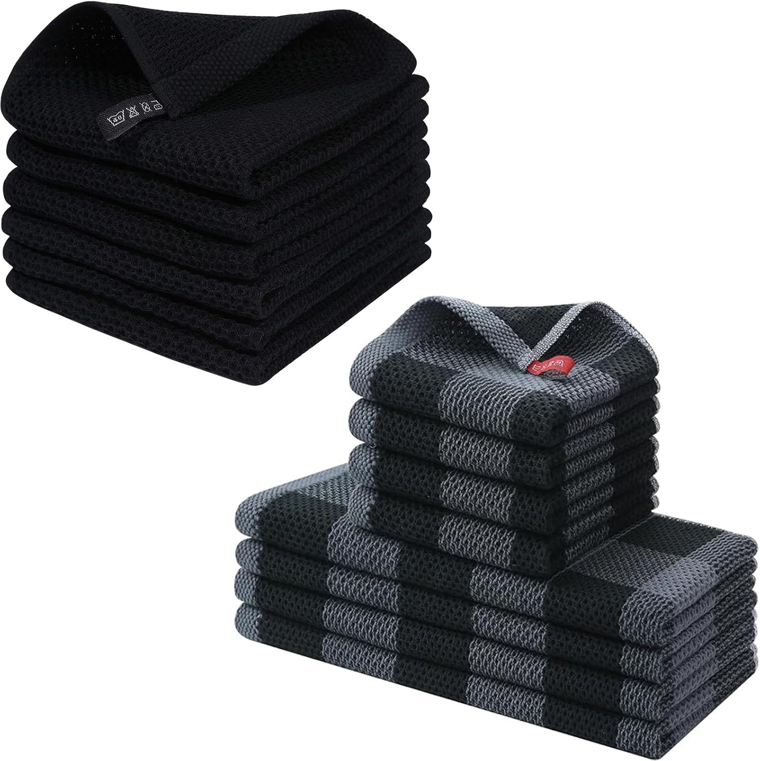 Homaxy 100% Cotton Waffle Weave Kitchen Dish Cloths, 12x12 Inches, 6-Pack, Black Kitchen Towels and Dishcloths Set, Black & Grey - Image 1