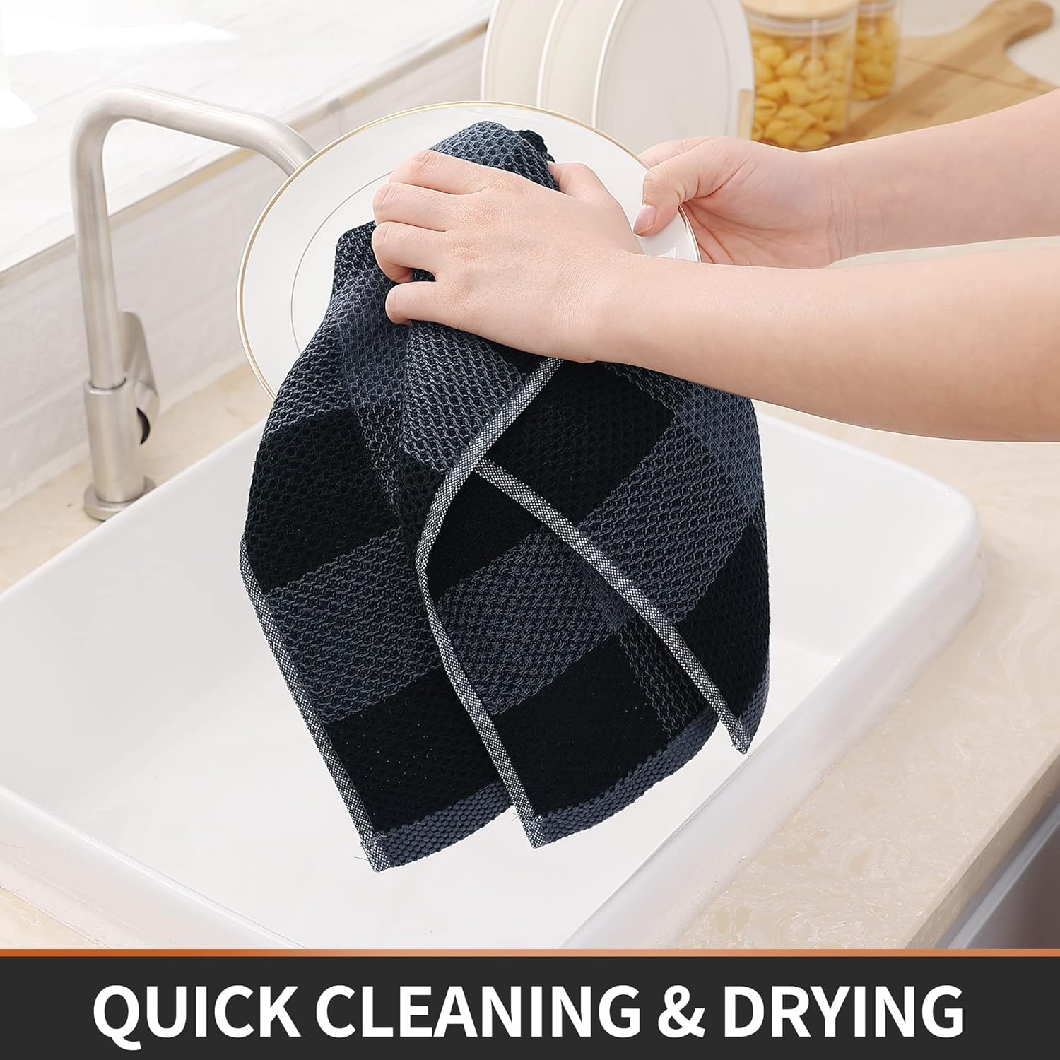 Homaxy 100% Cotton Waffle Weave Kitchen Dish Cloths, 12x12 Inches, 6-Pack, Black Kitchen Towels and Dishcloths Set, Black & Grey - Image 5