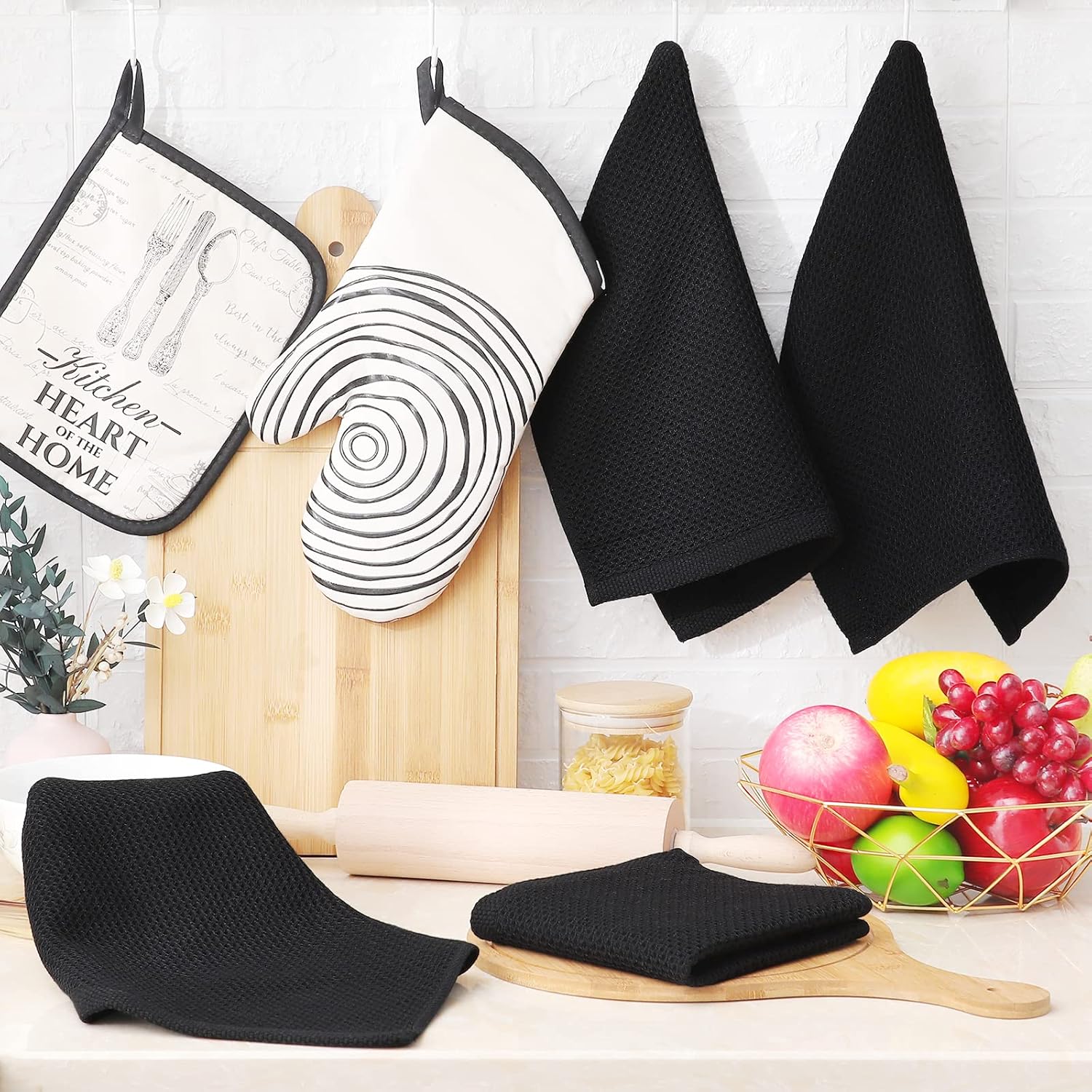 Homaxy 100% Cotton Waffle Weave Kitchen Dish Cloths, 12x12 Inches, 6-Pack, Black Kitchen Towels and Dishcloths Set, Black & Grey - Image 6