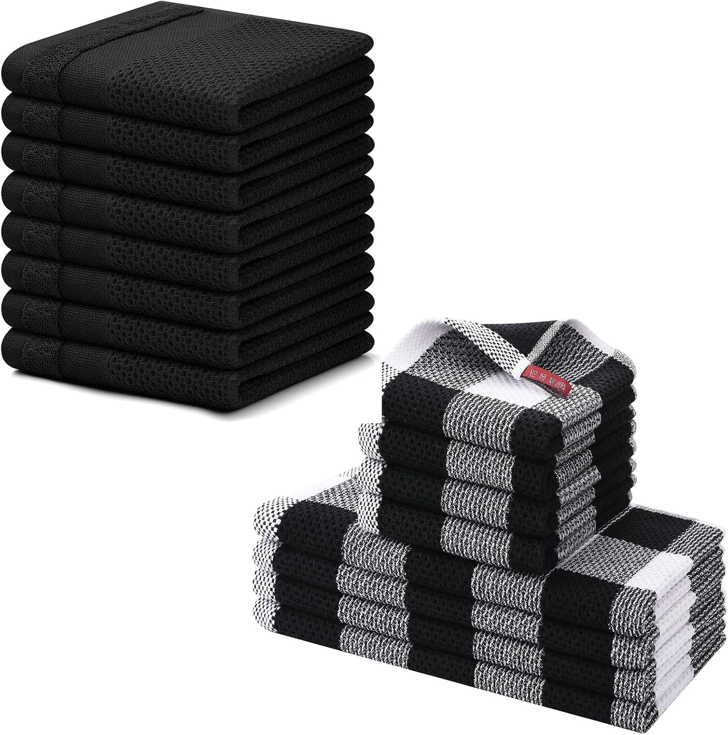 Homaxy 100% Cotton Dish Cloths, 8 Pack - 12 x 12 Inches, Black and Kitchen Towels and Dishcloths Set, 12 x 12 and 13 x 28 Inches, White & Black - Image 1