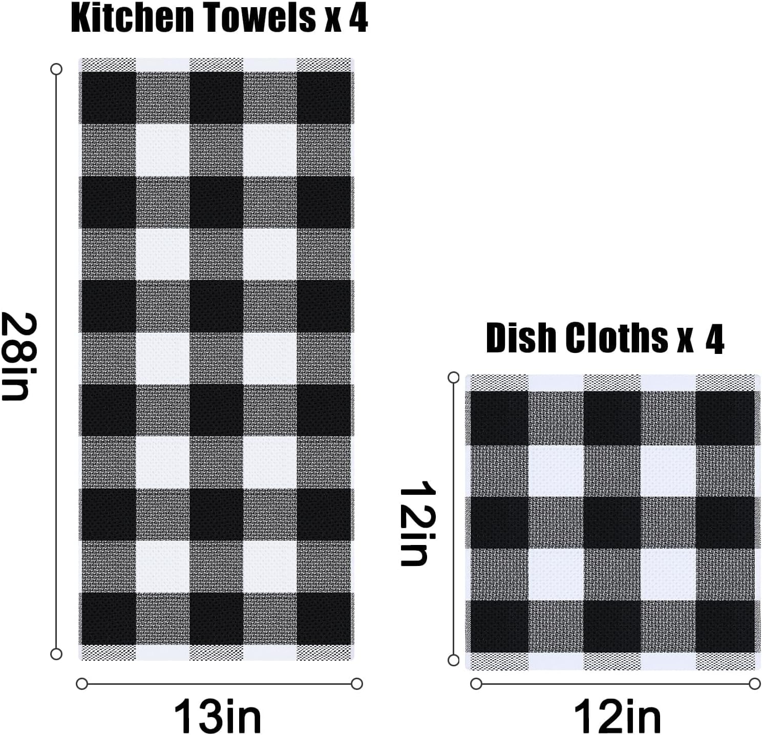 Homaxy 100% Cotton Dish Cloths, 8 Pack - 12 x 12 Inches, Black and Kitchen Towels and Dishcloths Set, 12 x 12 and 13 x 28 Inches, White & Black - Image 5