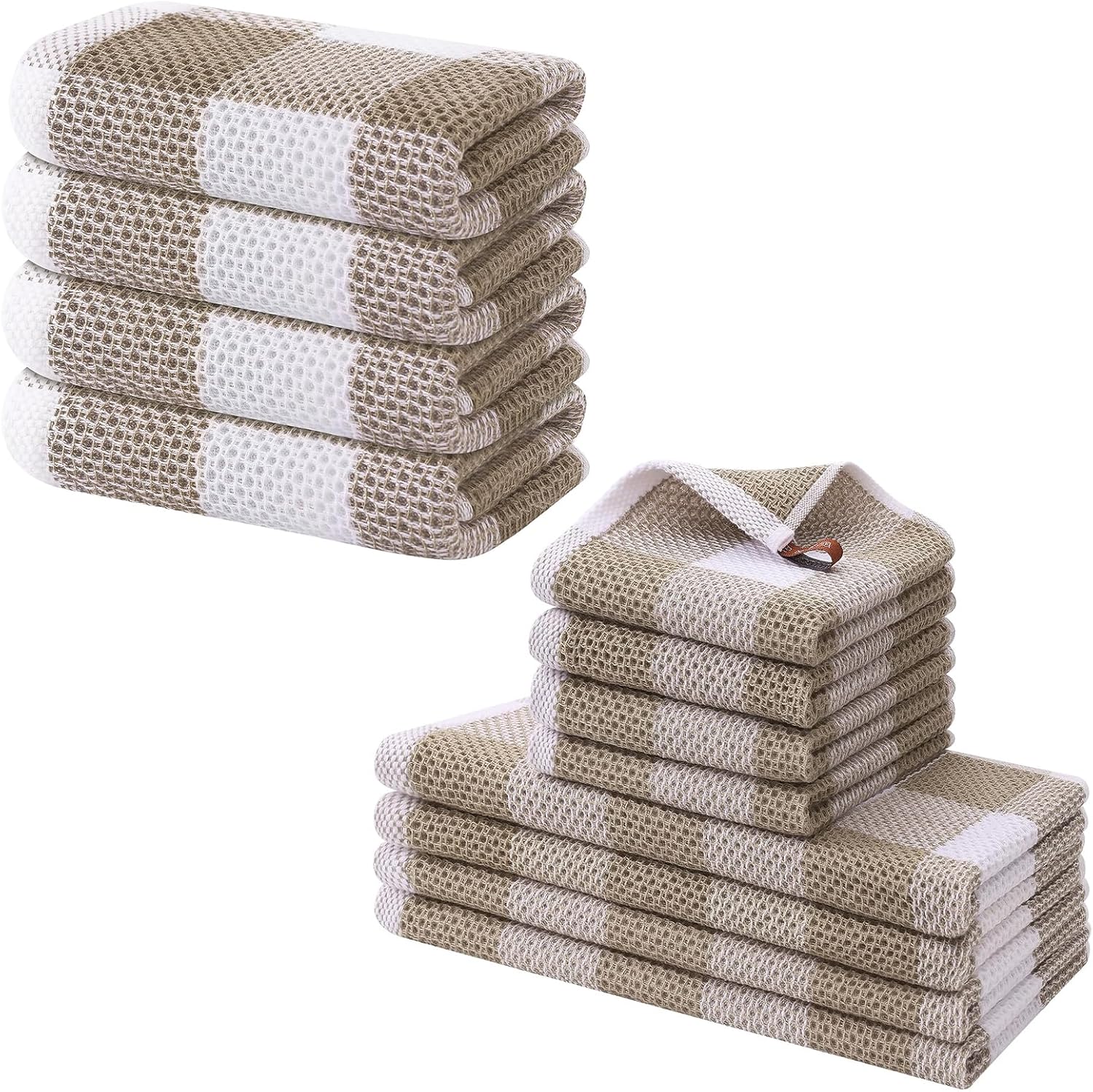 Homaxy 100% Cotton Waffle Weave Check Plaid Kitchen Towels, 13 x 28 Inches, 4-Pack, White & Black and Kitchen Towels and Dishcloths Set, 12 x 12 and 13 x 28 Inches, White & Khaki - Image 1