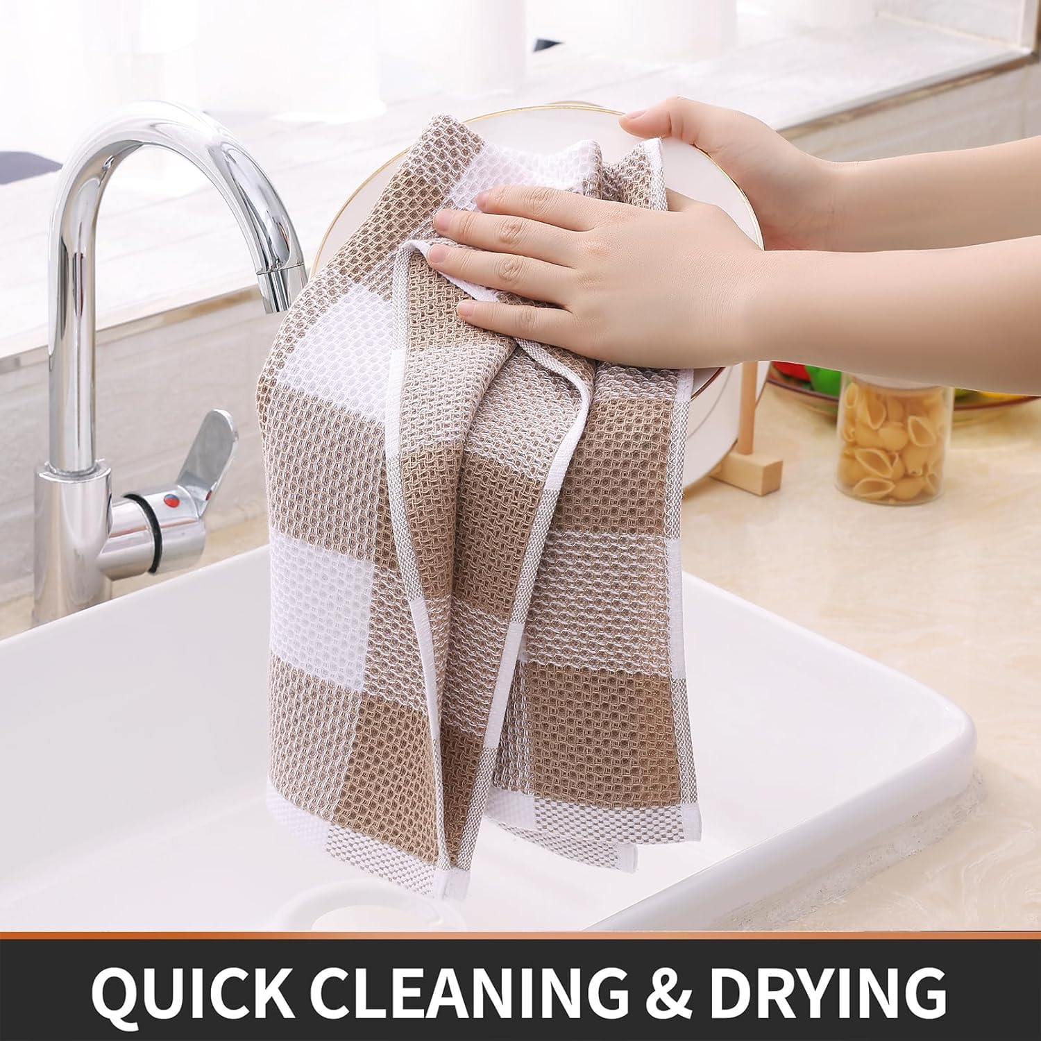 Homaxy 100% Cotton Waffle Weave Check Plaid Kitchen Towels, 13 x 28 Inches, 4-Pack, White & Black and Kitchen Towels and Dishcloths Set, 12 x 12 and 13 x 28 Inches, White & Khaki - Image 4