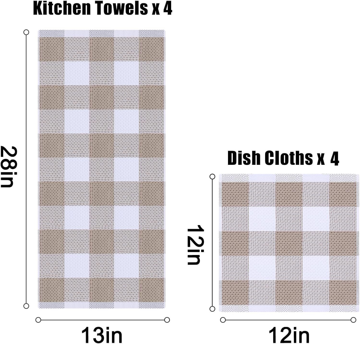 Homaxy 100% Cotton Waffle Weave Check Plaid Kitchen Towels, 13 x 28 Inches, 4-Pack, White & Black and Kitchen Towels and Dishcloths Set, 12 x 12 and 13 x 28 Inches, White & Khaki - Image 6