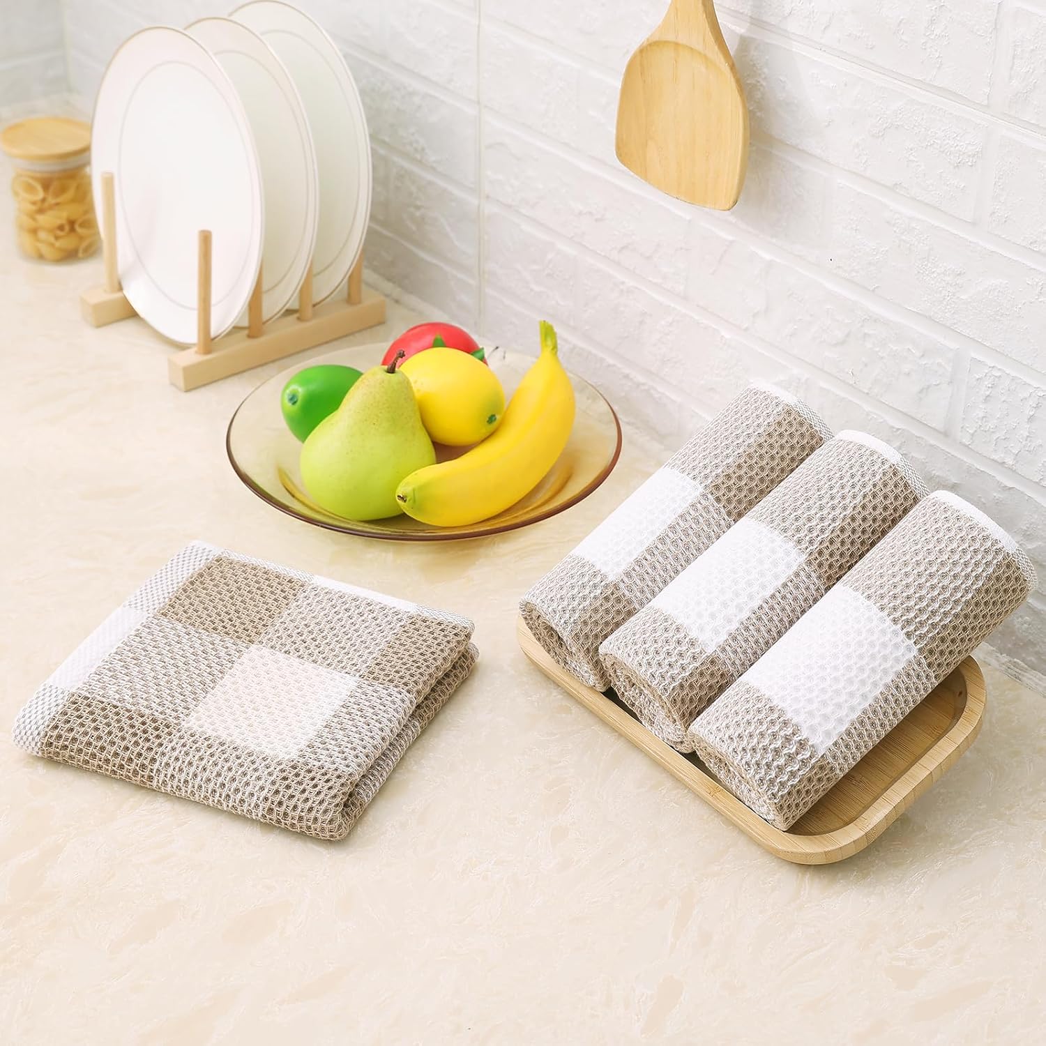 Homaxy 100% Cotton Waffle Weave Check Plaid Kitchen Towels, 13 x 28 Inches, 4-Pack, White & Black and Kitchen Towels and Dishcloths Set, 12 x 12 and 13 x 28 Inches, White & Khaki - Image 7