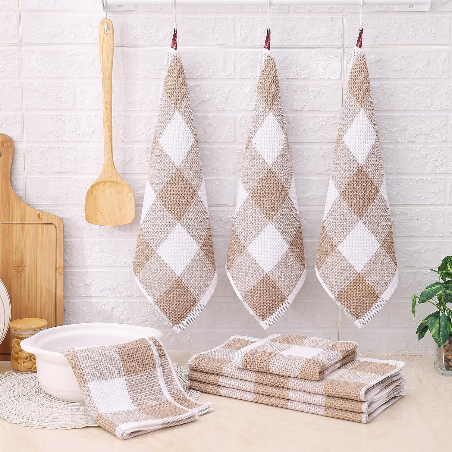 Homaxy 100% Cotton Waffle Weave Check Plaid Kitchen Towels, 13 x 28 Inches, 4-Pack, White & Black and Kitchen Towels and Dishcloths Set, 12 x 12 and 13 x 28 Inches, White & Khaki - Image 8