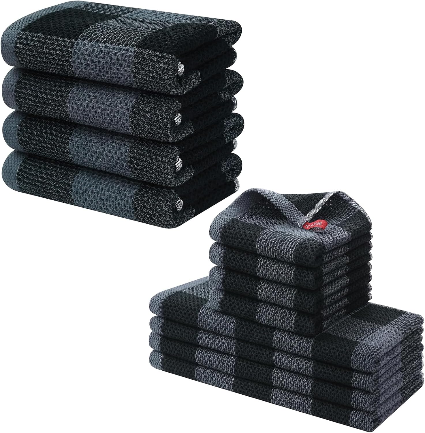 Homaxy 100% Cotton Waffle Weave Check Plaid Kitchen Towels, 13 x 28 Inches, 4-Pack, White & Black and Kitchen Towels and Dishcloths Set, 12 x 12 and 13 x 28 Inches, Black & Grey - Image 1
