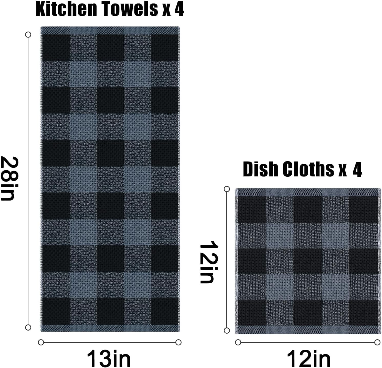 Homaxy 100% Cotton Waffle Weave Check Plaid Kitchen Towels, 13 x 28 Inches, 4-Pack, White & Black and Kitchen Towels and Dishcloths Set, 12 x 12 and 13 x 28 Inches, Black & Grey - Image 6