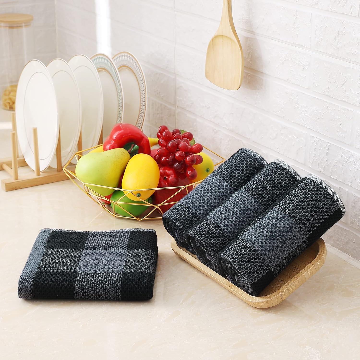 Homaxy 100% Cotton Waffle Weave Check Plaid Kitchen Towels, 13 x 28 Inches, 4-Pack, White & Black and Kitchen Towels and Dishcloths Set, 12 x 12 and 13 x 28 Inches, Black & Grey - Image 7
