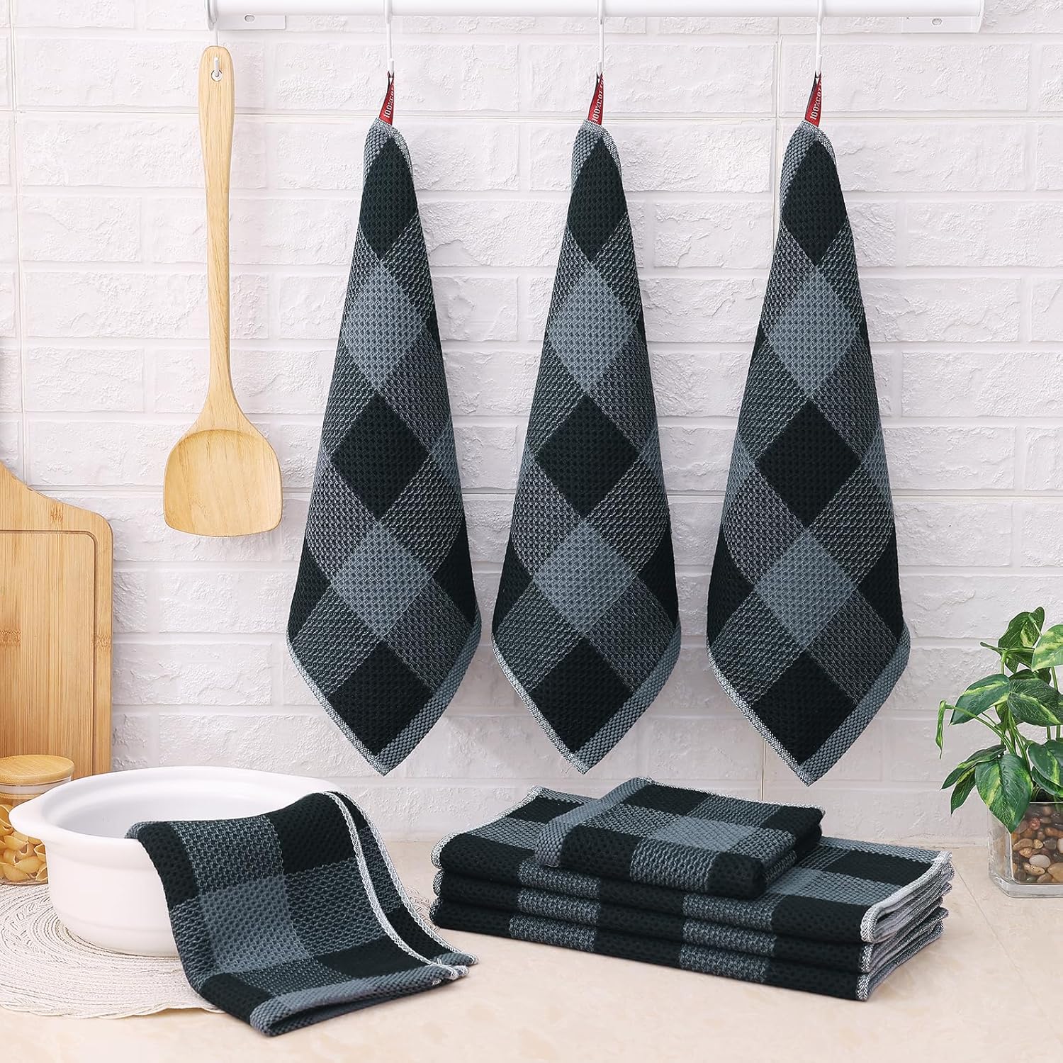 Homaxy 100% Cotton Waffle Weave Check Plaid Kitchen Towels, 13 x 28 Inches, 4-Pack, White & Black and Kitchen Towels and Dishcloths Set, 12 x 12 and 13 x 28 Inches, Black & Grey - Image 8