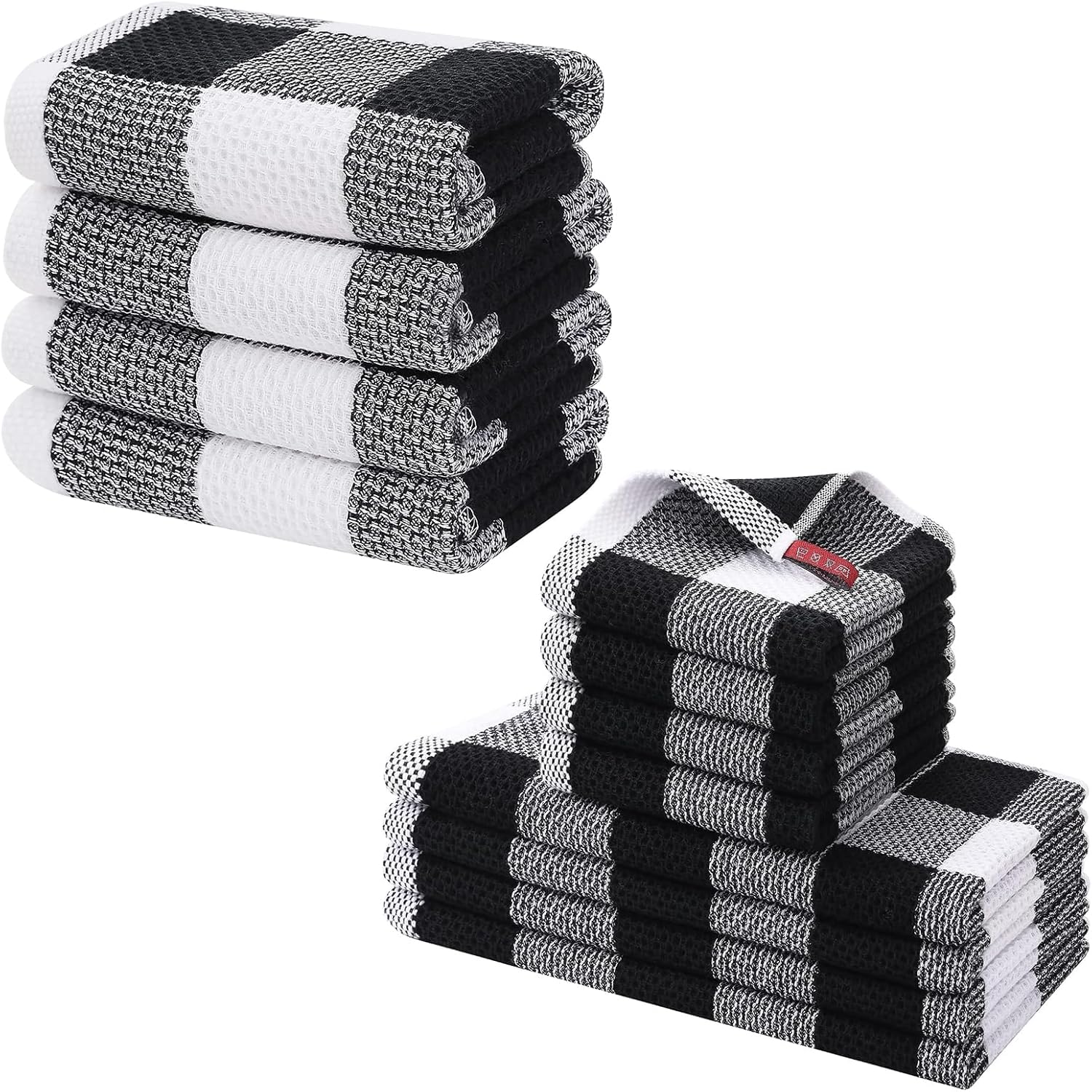 Homaxy 100% Cotton Waffle Weave Check Plaid Kitchen Towels, 13 x 28 Inches, 4-Pack, White & Black and Kitchen Towels and Dishcloths Set, 12 x 12 and 13 x 28 Inches, White & Black - Image 1