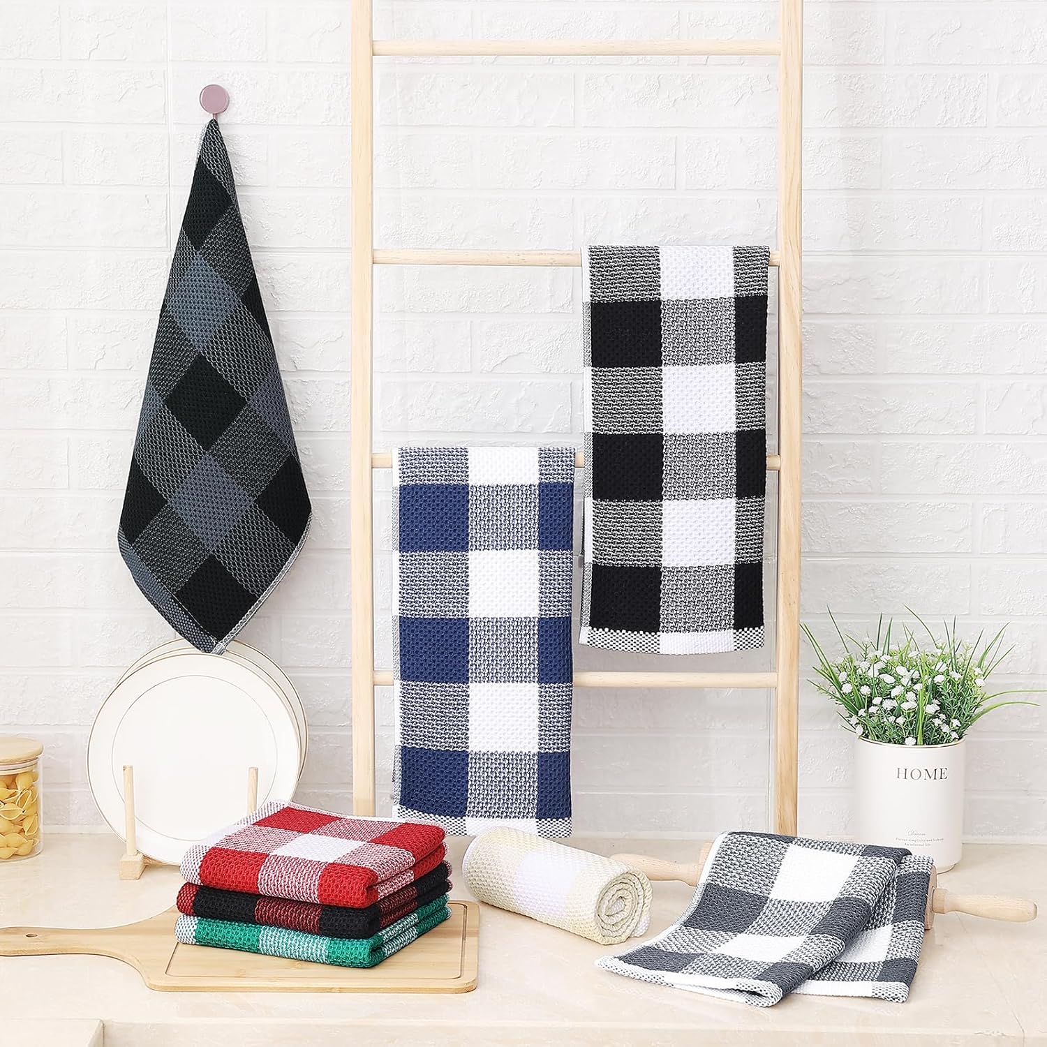 Homaxy 100% Cotton Waffle Weave Check Plaid Kitchen Towels, 13 x 28 Inches, 4-Pack, White & Black and Kitchen Towels and Dishcloths Set, 12 x 12 and 13 x 28 Inches, White & Black - Image 7