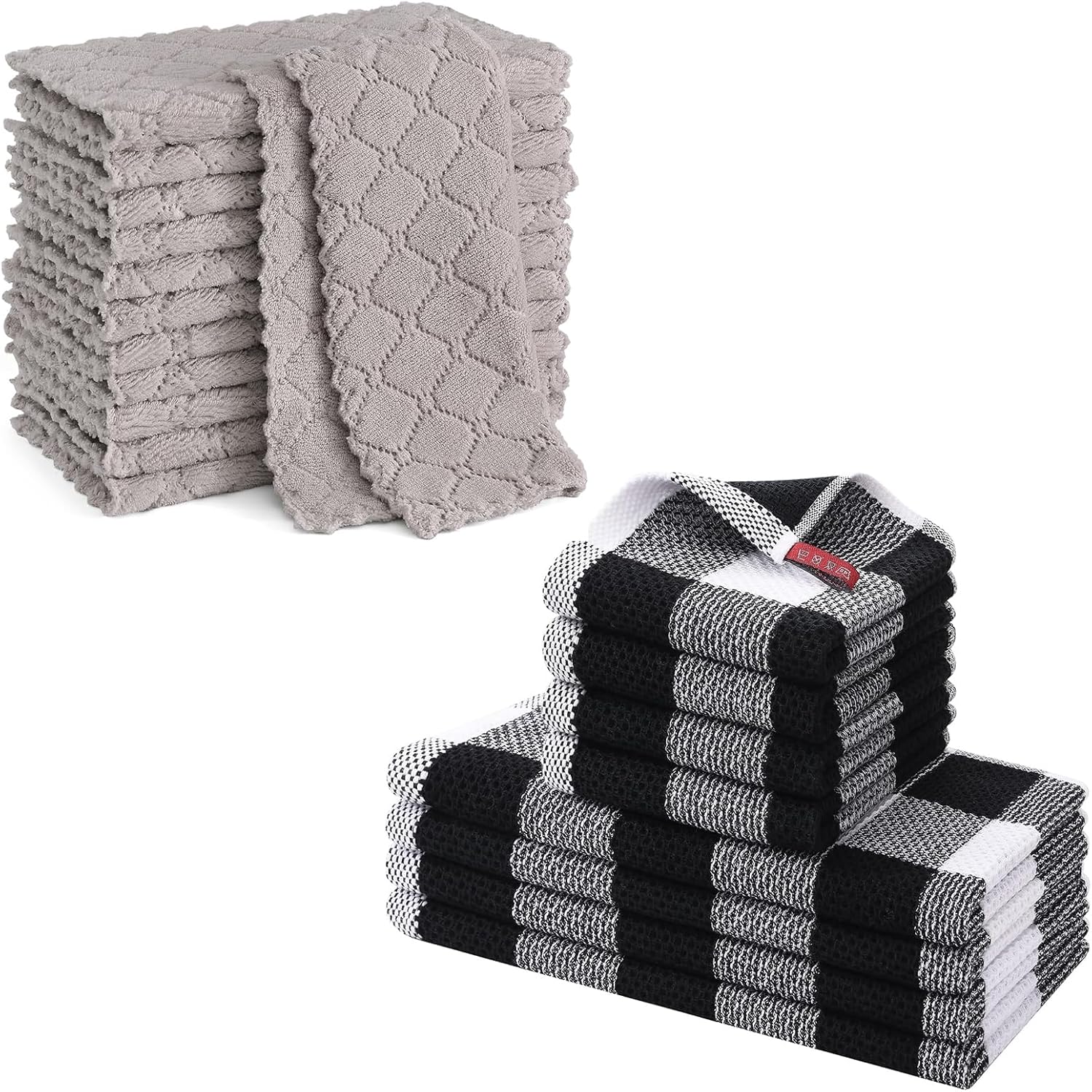 Homaxy 12 Pack Kitchen Dish Cloths (10 x 10 Inches, Grey) Kitchen Towels and Dishcloths Set, 12 x 12 and 13 x 28 Inches White & Black - Image 1