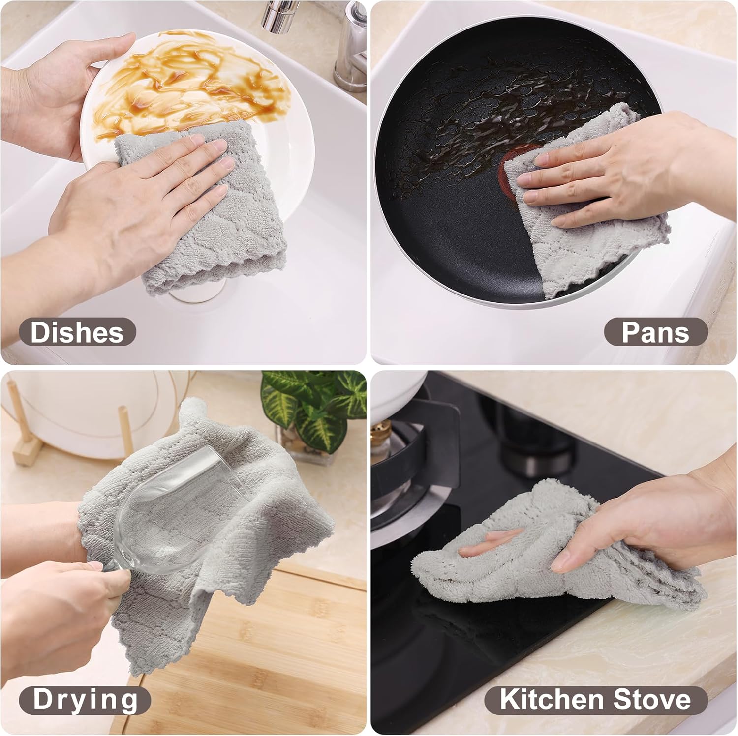 Homaxy 12 Pack Kitchen Dish Cloths (10 x 10 Inches, Grey) Kitchen Towels and Dishcloths Set, 12 x 12 and 13 x 28 Inches White & Black - Image 6