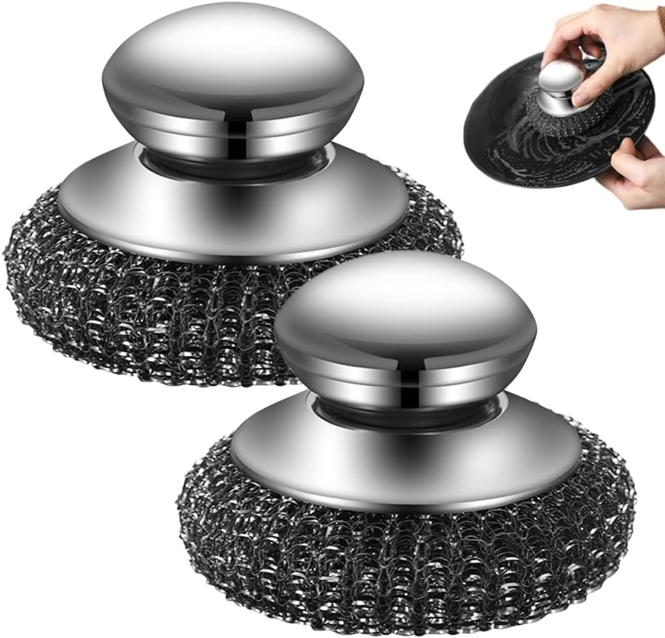 Steel Wool Scrubber with Handle, Upgrade Heavy Duty Stainless Steel Dish Scrubber for Cleaning Dishes, Iron Pots, Stoves, Kitchen Sink (2 pcs) - Image 1