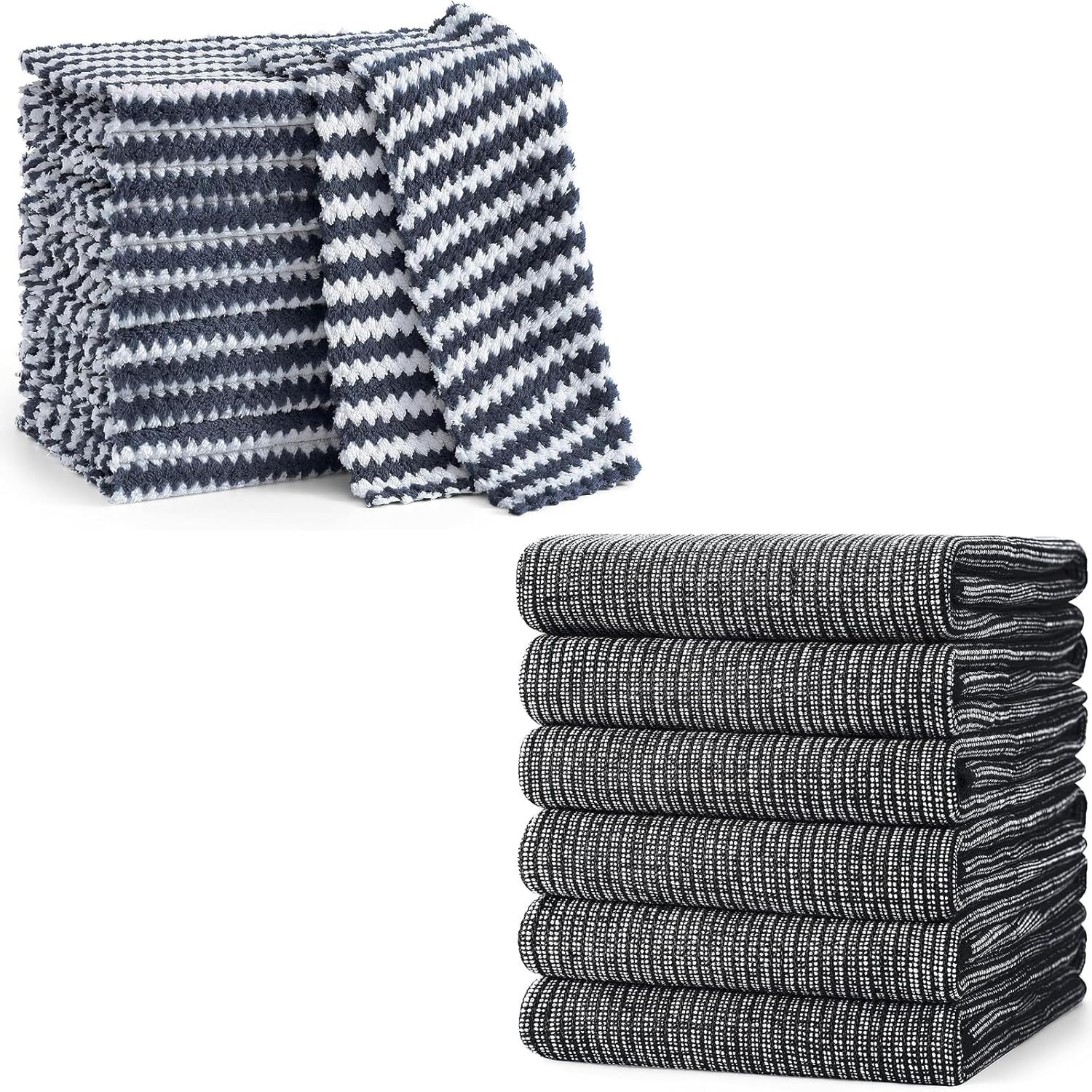 Homaxy 12 Pack Coral Velvet Wave Design Lint Free Kitchen Dish Cloths(10 x 10 inches) and Large Cotton Kitchen Hand Towels(18”x 28”, 6 Pack), Flat and Terry Dish Towels - Image 1