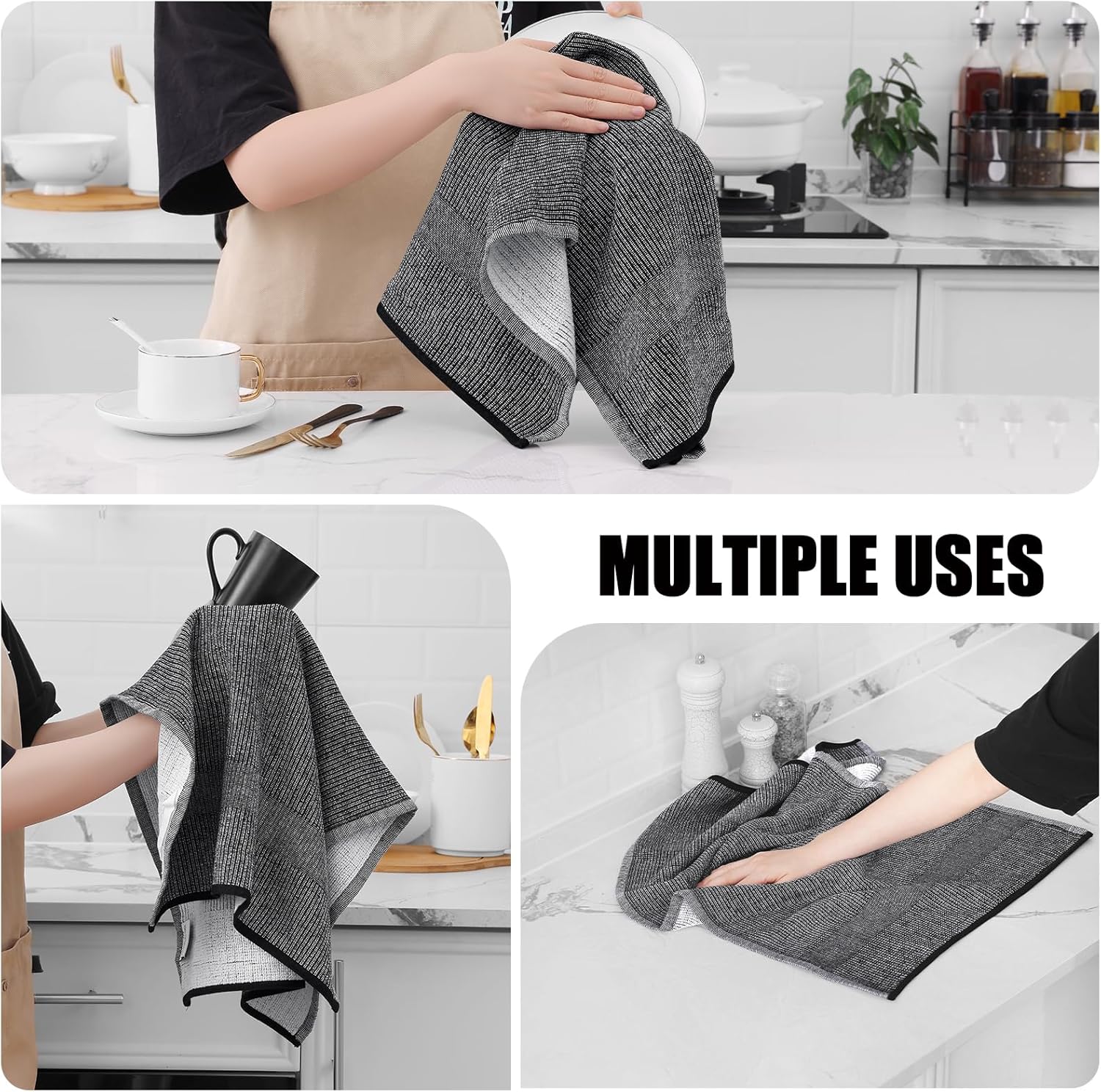 Homaxy 12 Pack Coral Velvet Wave Design Lint Free Kitchen Dish Cloths(10 x 10 inches) and Large Cotton Kitchen Hand Towels(18”x 28”, 6 Pack), Flat and Terry Dish Towels - Image 5