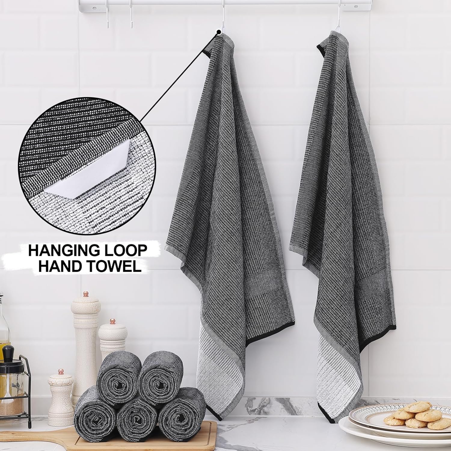 Homaxy 12 Pack Coral Velvet Wave Design Lint Free Kitchen Dish Cloths(10 x 10 inches) and Large Cotton Kitchen Hand Towels(18”x 28”, 6 Pack), Flat and Terry Dish Towels - Image 7